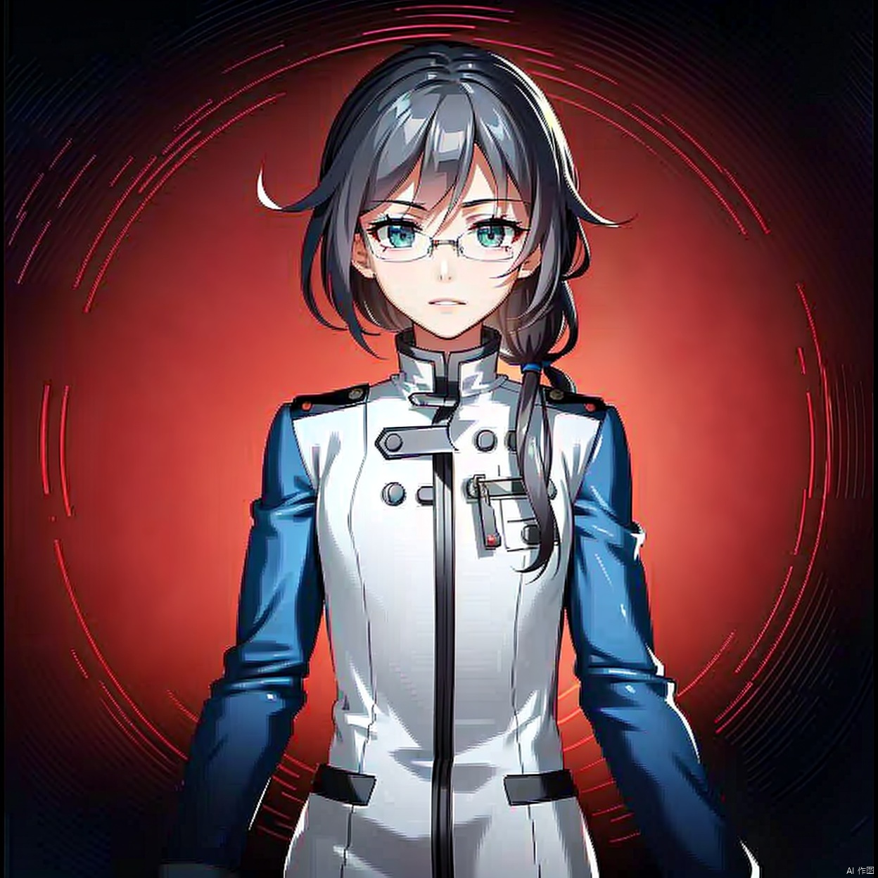  (masterpiece:1.3),(the best quality:1.2),(super fine illustrations:1.2),(Masterpiece),high quality,high detail,((white background:1.2)),looking at viewer,(SOLO:1.4),outline,simple background, military uniform,pantyhose,boots,bespectacled,low ponytail,military,soldier,hair_between_eyes,grey_hair