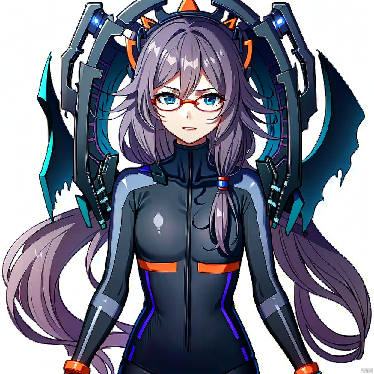  (masterpiece:1.3),(the best quality:1.2),(super fine illustrations:1.2),(Masterpiece),high quality,high detail,((white background:1.2)),looking at viewer,(SOLO:1.4),outline,simple background, blue eyes,hair between eyes,bodysuit,fu hua,helmet,black tight,fitting,leather suit,orenge pattern on body,black gloves,black boots,latex,orenge pattern,plugsuit,jewelry,glasses