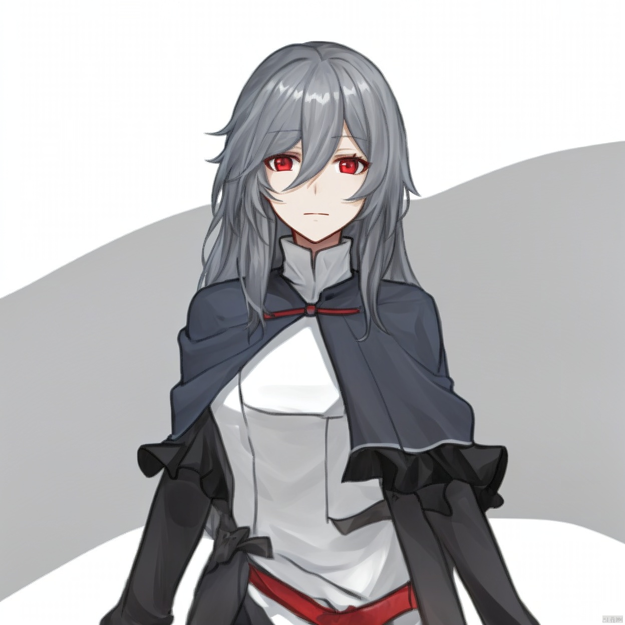 (white background:1.2),looking at viewer,(SOLO:1.4),outline,simple background,upper body, cowboy shot,looking at viewer,,outline,
(((arms at side))), pleated skirt,red eyes,hair ornament,capelet,very long hair,long sleeves,hair between eyes,grey hair,black skirt,bangs