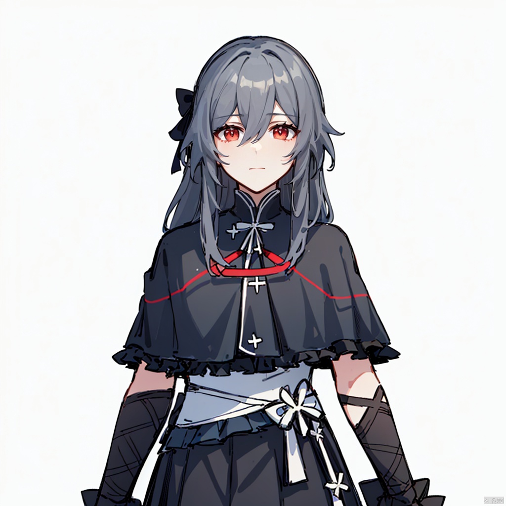 (white background:1.2),looking at viewer,(SOLO:1.4),outline,simple background,full body,looking at viewer,(((arms at side))), pleated skirt,high heels,red eyes,hair ornament,capelet,very long hair,skirt,long sleeves,hair between eyes,grey hair,bow,black skirt,bangs,long hair
