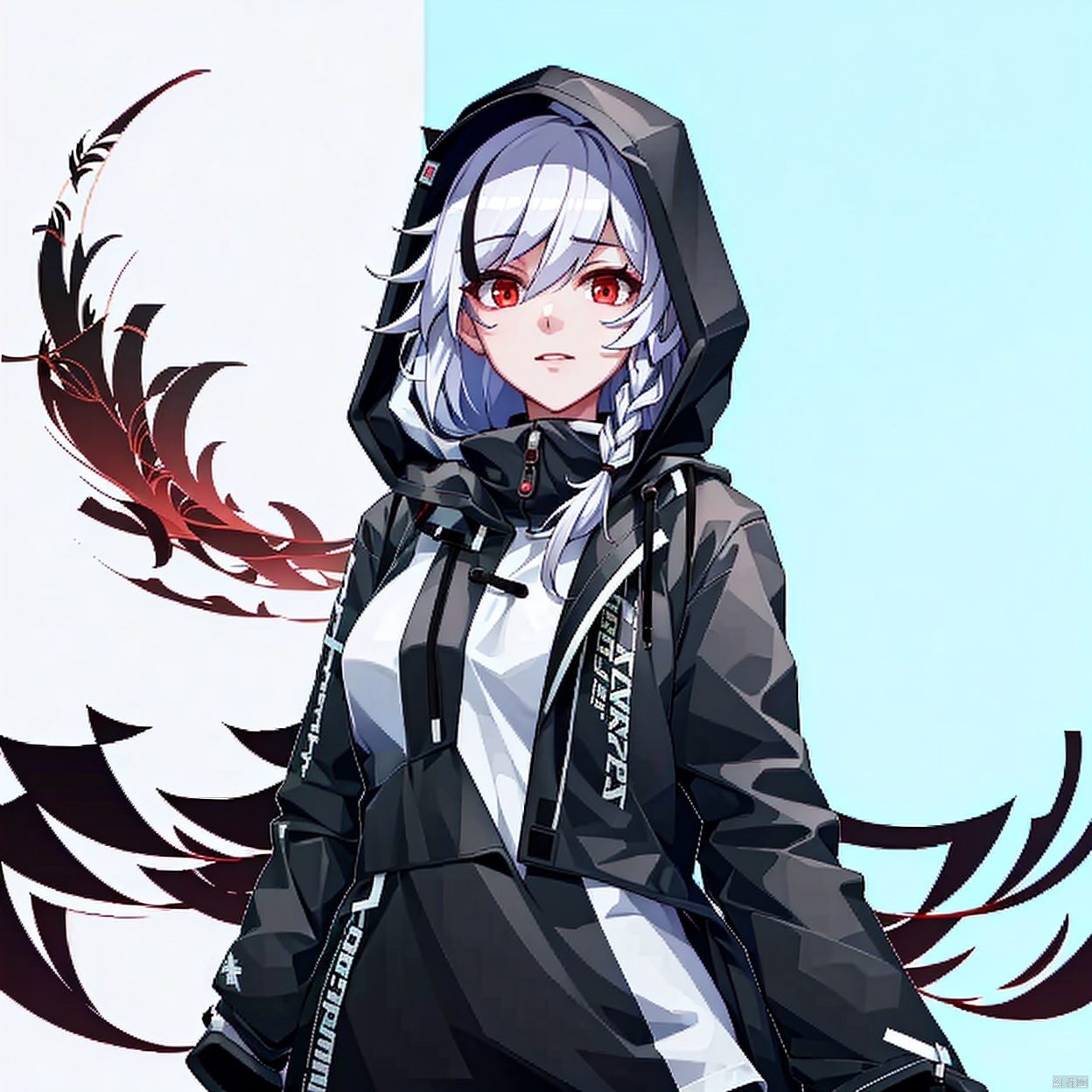  (masterpiece:1.3),(the best quality:1.2),(super fine illustrations:1.2),(Masterpiece),high quality,high detail,((white background:1.2)),looking at viewer,(SOLO:1.4),outline,simple background, red eyes,white hair,multicolored hair,black feathers,jacket,white shirt,hood up,black headwear,sleeves past wrists,baseball cap,clothes writing,white footwear,sneakers,long hair,shoes,long sleeves,streaked hair,open jacket,open clothes,black pants,hoodie,hooded jacket,hood,hair between eyes