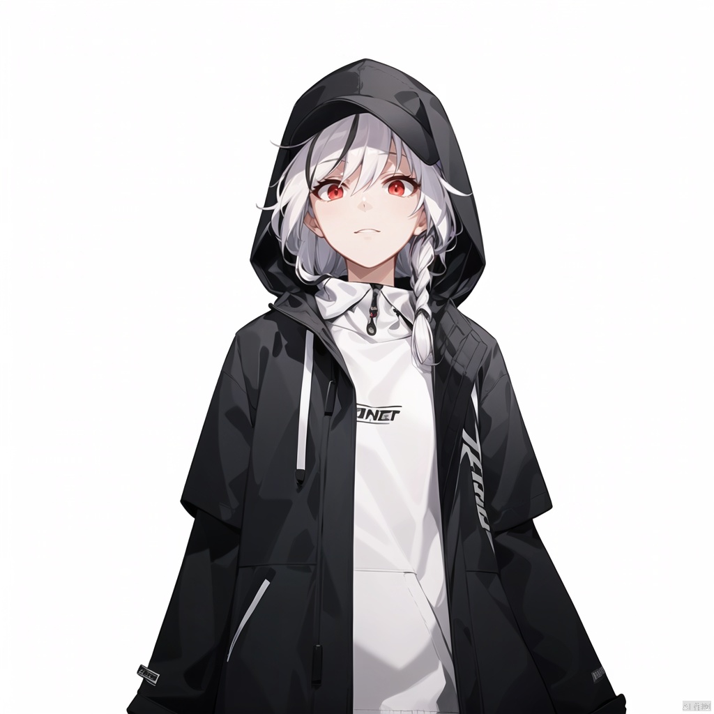 (white background:1.2),looking at viewer,(SOLO:1.4),outline,simple background,full body,looking at viewer,(((arms at side))), red eyes,white hair,multicolored hair,black feathers,jacket,white shirt,hood up,black headwear,sleeves past wrists,baseball cap,clothes writing,white footwear,sneakers,long hair,shoes,long sleeves,streaked hair,open jacket,open clothes,black pants,hoodie,hooded jacket,hood,hair between eyes