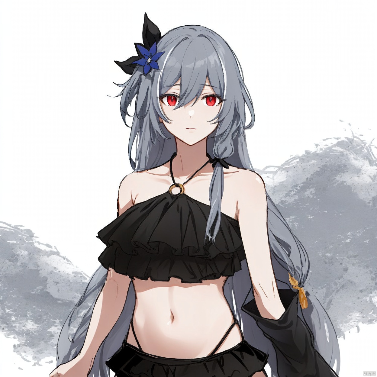 (white background:1.2),looking at viewer,(SOLO:1.4),outline,simple background,upper body, cowboy shot,looking at viewer,,outline,
(((arms at side))), long hair,red eyes,very long hair,hair between eyes,grey hair,silver hair,hair ribbon,bikini skirt,black bikini,swimsuit,hair flower,multicolored hair,senti,hair ornament,frilled bikini
