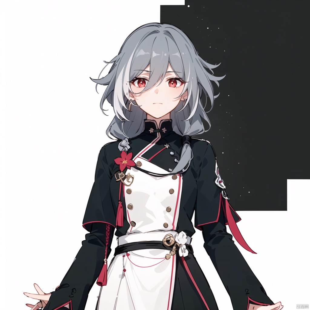 (white background:1.2),looking at viewer,(SOLO:1.4),outline,simple background,full body,looking at viewer,(((arms at side))), hair between eyes,red eyes,long hair,very long hair,earrings,cross,laced footwear,boots,multicolored hair,tassel,wide sleeves,low,tied long hair,long sleeves,long skirt,jewelry,hair ornament,grey hair,floral print,black skirt,senti,grey_hair,hair_between_eyes