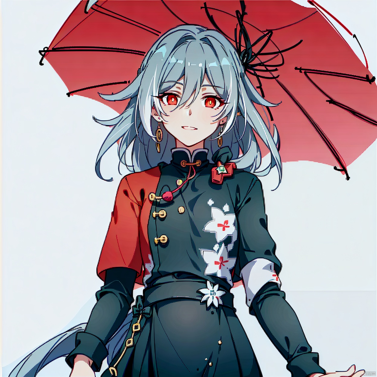  (masterpiece:1.3),(the best quality:1.2),(super fine illustrations:1.2),(Masterpiece),high quality,high detail,((white background:1.2)),looking at viewer,(SOLO:1.4),outline,simple background, hair between eyes,red eyes,long hair,very long hair,earrings,cross,laced footwear,boots,multicolored hair,tassel,wide sleeves,low,tied long hair,long sleeves,long skirt,jewelry,hair ornament,grey hair,floral print,black skirt,senti,grey_hair,hair_between_eyes