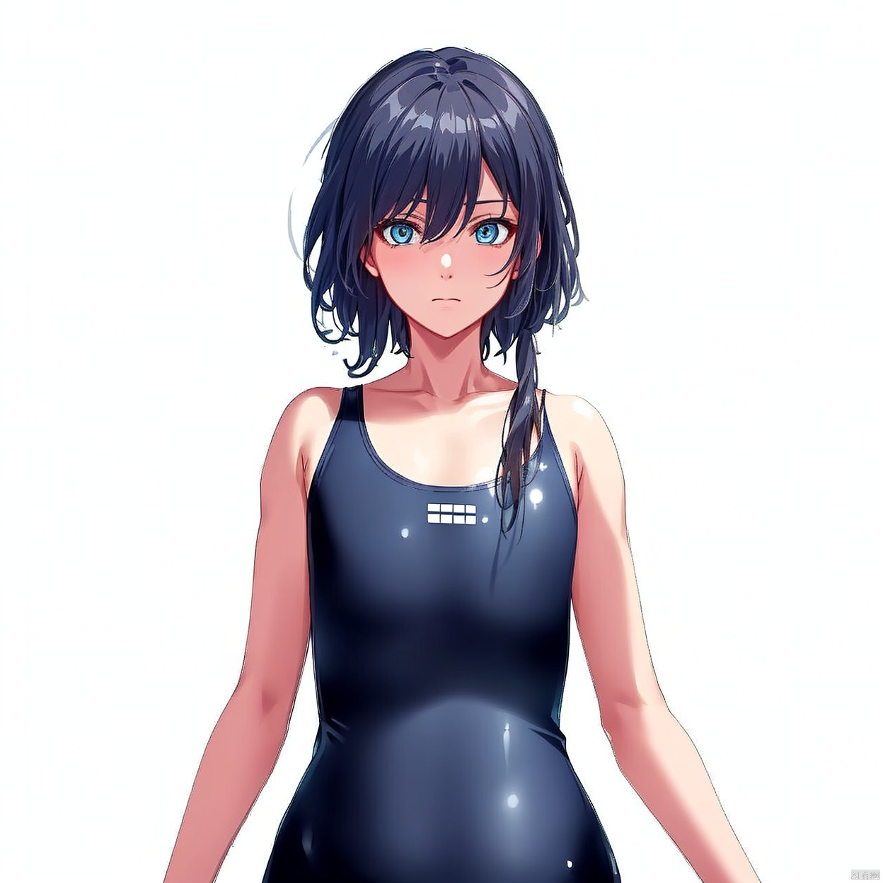 (white background:1.2),looking at viewer,(SOLO:1.4),outline,simple background,upper body, cowboy shot,looking at viewer,,outline,
(((arms at side))),sleeveless,school swimsuit,piece swimsuit,fu hua,blue_eyes,hair_between_eyes,bare shoulders,bare arms,black swimsuit