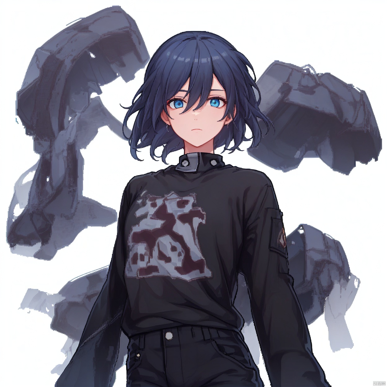 (white background:1.2),looking at viewer,(SOLO:1.4),outline,simple background,upper body, cowboy shot,looking at viewer,,outline,
(((arms at side))), t-shirt,blue_eyes,hair_between_eyes,fu hua,white_shirt,(black pants),black legwear,logo on t,logo on shirt,pattern on t,pattern on shirt,hair between eyes