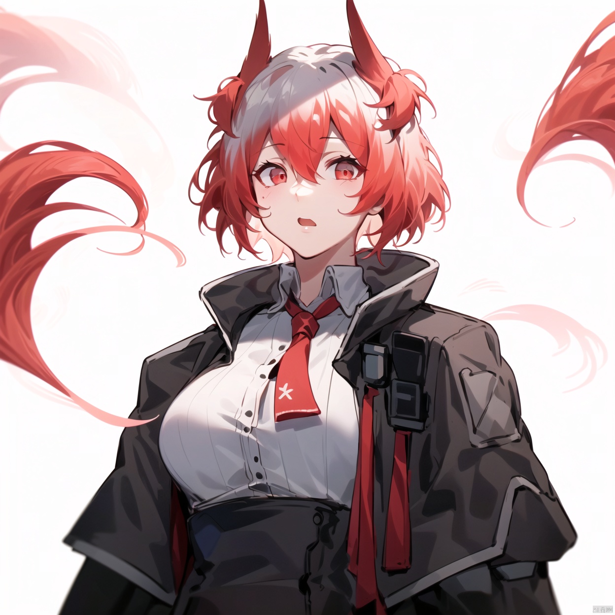 
gradient hair,thighhighs,feathers, open clothes, pleated skirt, red ribbon, miniskirt, knee boots, suit, animal ears, red necktie, floating hair, necklace, thigh holster, black skirt, boots, black jacket, black footwear, thighs, collared shirt, thigh strap, pink hair, off shoulder, phoenix, flaming eye, flame, fiery wings, fiery hair, white shirt, necktie, holding gun, skirt, shirt, jacket, holding weapon, gun, black gloves,short hair,hair ornament,red eyes,bangs,hair between eyes,off shoulders,multicolored hair,dress,white hair,jewelry,red hair,long sleeves,gem,streaked hair,1girl, bangs