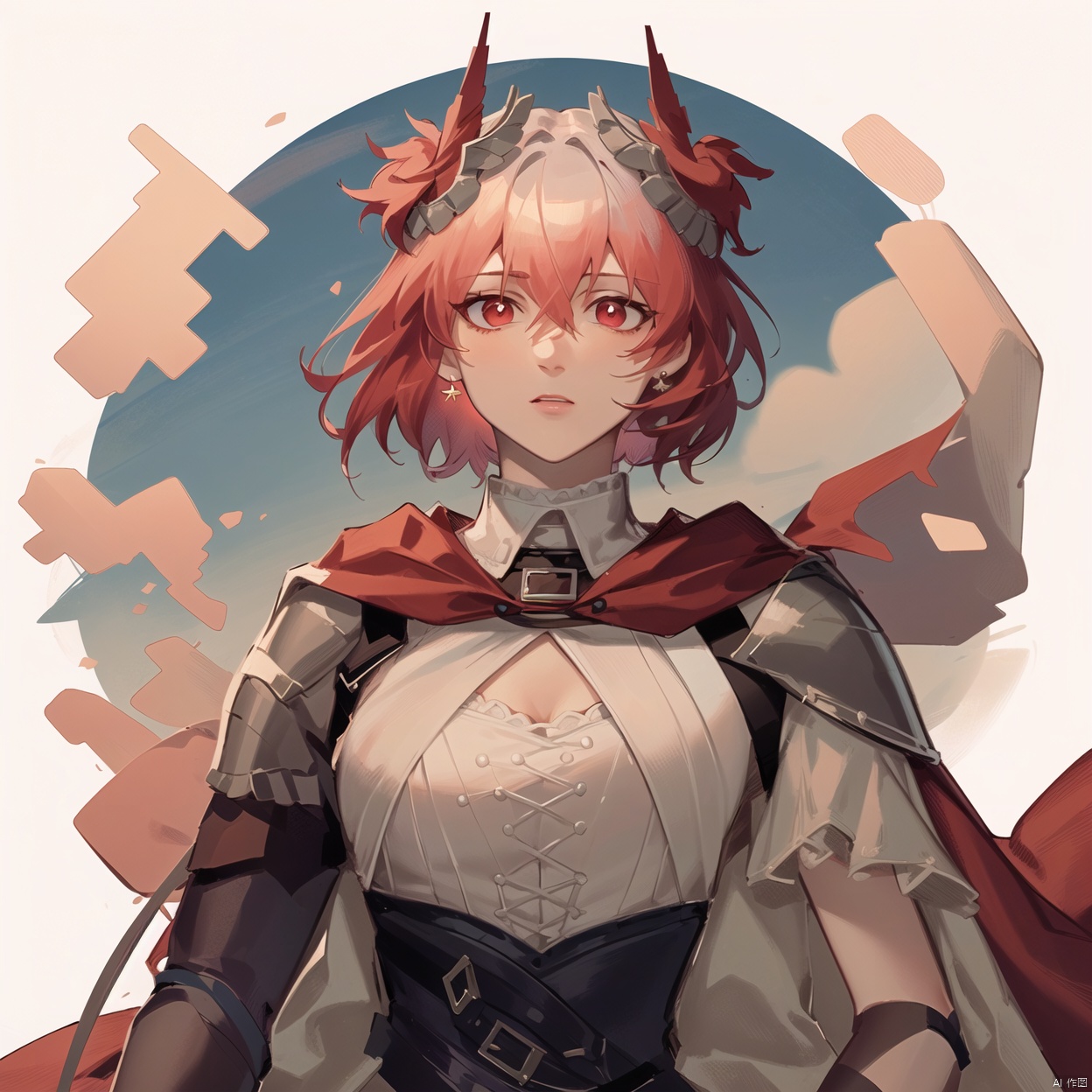 red wings, armored boots, gradient hair, shoulder armor, breastplate, corset, hooded cloak, belt, tail, bird, thighhighs, red skirt, red cape, gauntlets, embers, boots, armor,short hair,hair ornament,red eyes,bangs,hair between eyes,multicolored hair,white hair,jewelry,red hair,long sleeves,gem,streaked hair, short hair,gradient hair,feathers, animal ears, floating hair, phoenix, fiery hair, fiery wings, flaming eye,1girl, breasts, brown eyes, cape, earrings, fire, jewelry, shirt, short hair, skirt,