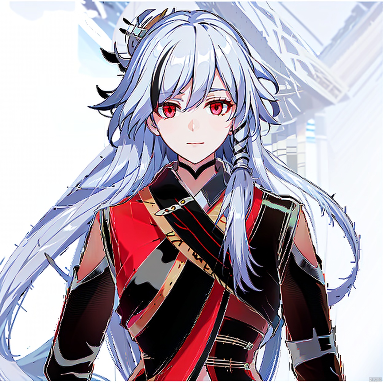 (white background:1.2),looking at viewer,(SOLO:1.4),outline,simple background,upper body, cowboy shot,looking at viewer,,outline,
(((arms at side))), 
fur trim, jewelry,leather,fur collar,long hair,bandages,white hair, black hair,red eyes,red rope,red legwear,fu hua,hakama,armor,black footwear,high heel boots,jacket,dress,toeless legwear,arm wrap,sarashi,high heels,gradient hair,long sleeves,multicolored hair,braid,gloves,pants,earrings,1girl, bangs, closed mouth, expressionless, hair between eyes, hair ornament, long hair