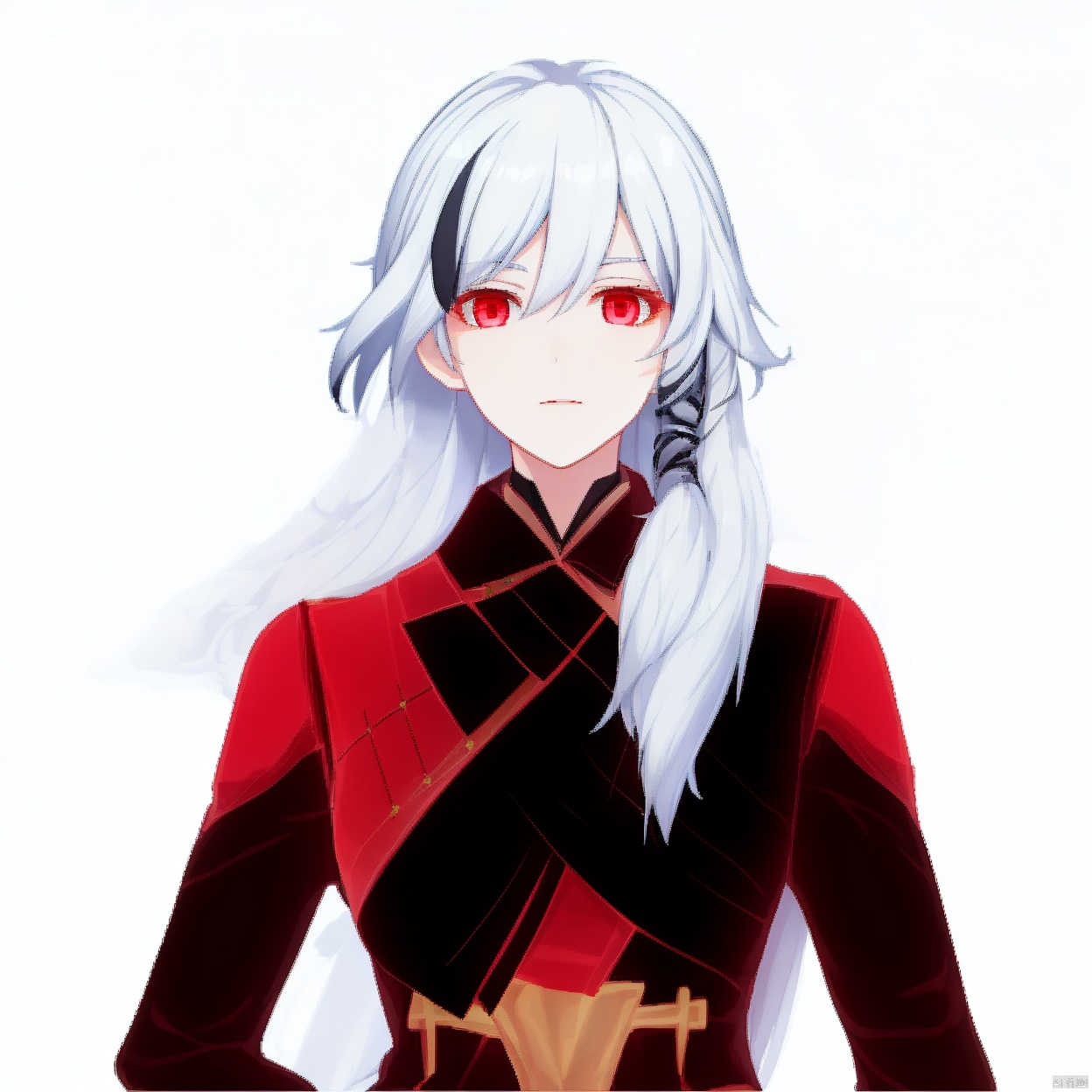 (white background:1.2),looking at viewer,(SOLO:1.4),outline,simple background,upper body, cowboy shot,looking at viewer,,outline,
(((arms at side))), 
fur trim, jewelry,leather,fur collar,long hair,bandages,white hair, black hair,red eyes,red rope,red legwear,fu hua,hakama,armor,black footwear,high heel boots,jacket,dress,toeless legwear,arm wrap,sarashi,high heels,gradient hair,long sleeves,multicolored hair,braid,gloves,pants,earrings,1girl, bangs, closed mouth, expressionless, hair between eyes, hair ornament, long hair