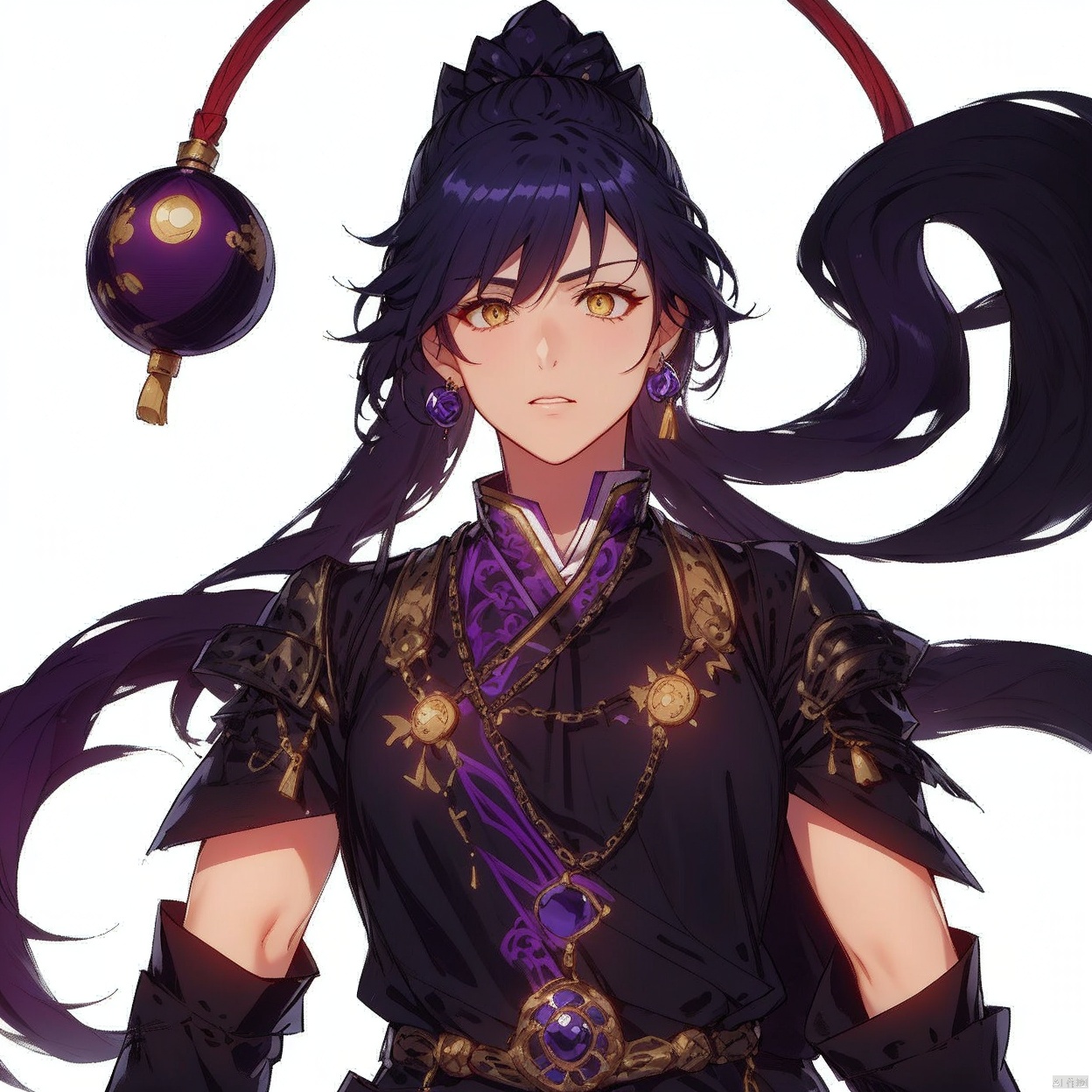 (white background:1.2),looking at viewer,(SOLO:1.4),outline,simple background,upper body, cowboy shot,looking at viewer,,outline,
(((arms at side))), 
military uniform, black dress, tassel, pelvic curtain,long hair,((purple hair)),armor,shoulder armor,jewelry,chain,bangs,floating hair,earrings,pauldrons,yellow eyes,hair_between_eyes,long sleeves, wide sleeves,ponytail,ornament,hair ornament,Chinese clothes,taoist robes, boots, fu hua,black clothes