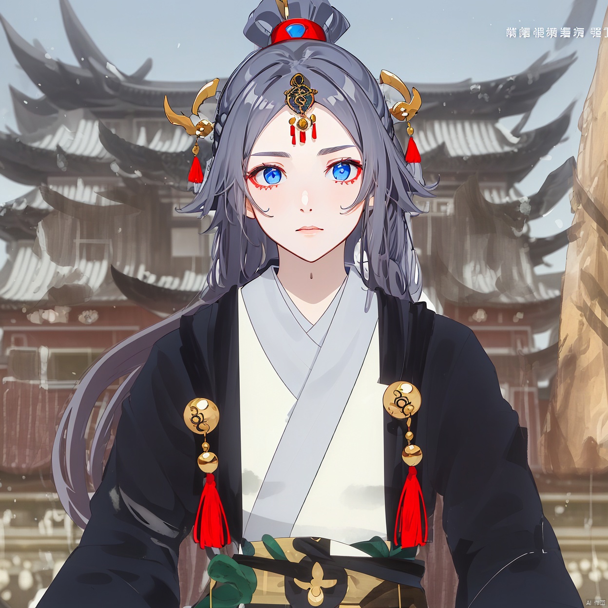 
tiara, haori, braid, tassel, hair rings, forehead jewel, circlet, parted bangs, jingle bell,long sleeves, wide sleeves,ponytail,ornament,hair ornament,Grey hair,Chinese clothes,taoist robes, boots, long hair, blue eyes,grey hair, blue eyes, hair ornament, centre parting bangs, ponytail, taoist robes, chinese clothes