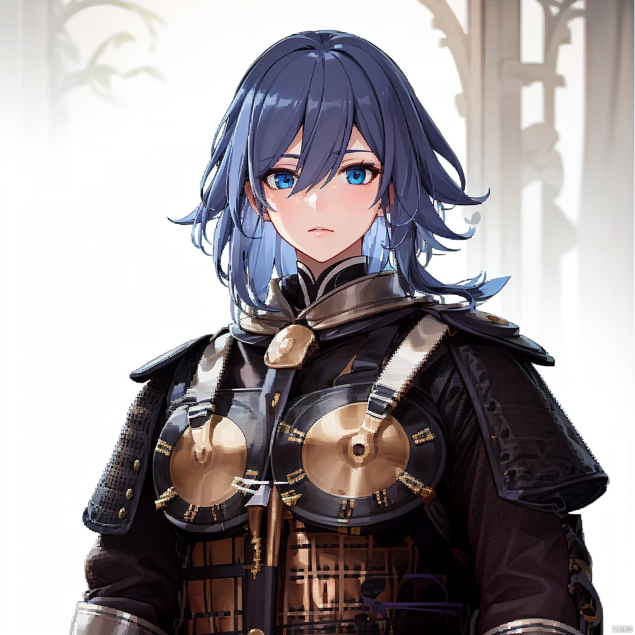 (white background:1.2),looking at viewer,(SOLO:1.4),outline,simple background,upper body, cowboy shot,looking at viewer,,outline,
(((arms at side))), fu hua,armor,blue eyes,hair between eyes,boots,grey hair,shoulder armor,gauntlets,breastplate,ponytail,in the face,tassel,sheath,sheathed,