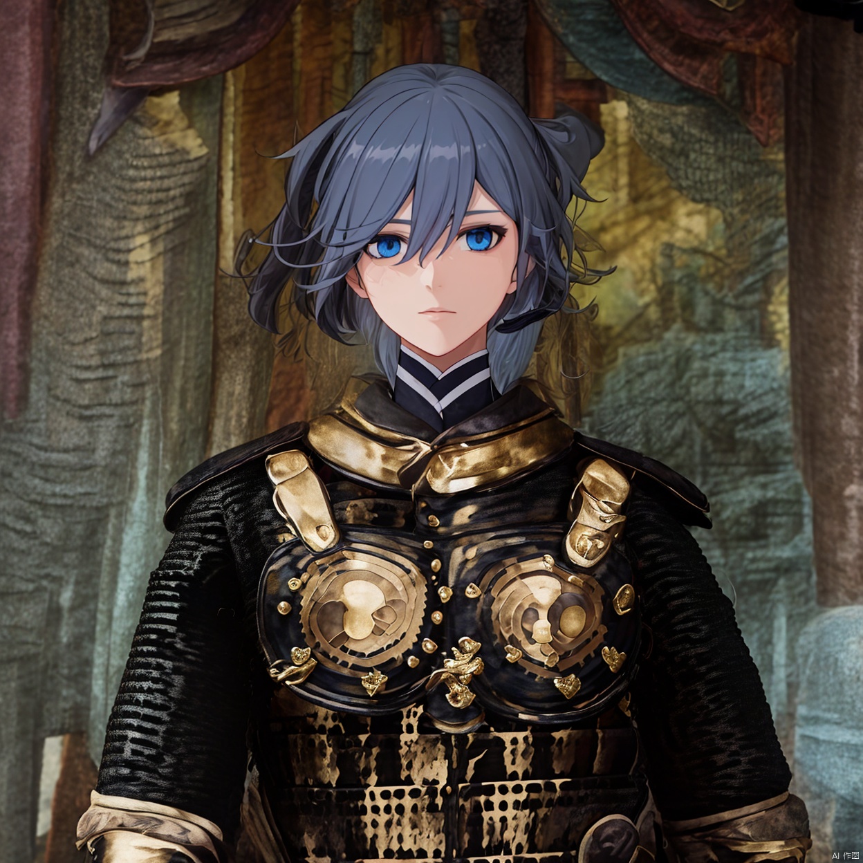 
fu hua,armor,blue eyes,hair between eyes,boots,grey hair,shoulder armor,gauntlets,breastplate,ponytail,in the face,tassel,sheath,sheathed,