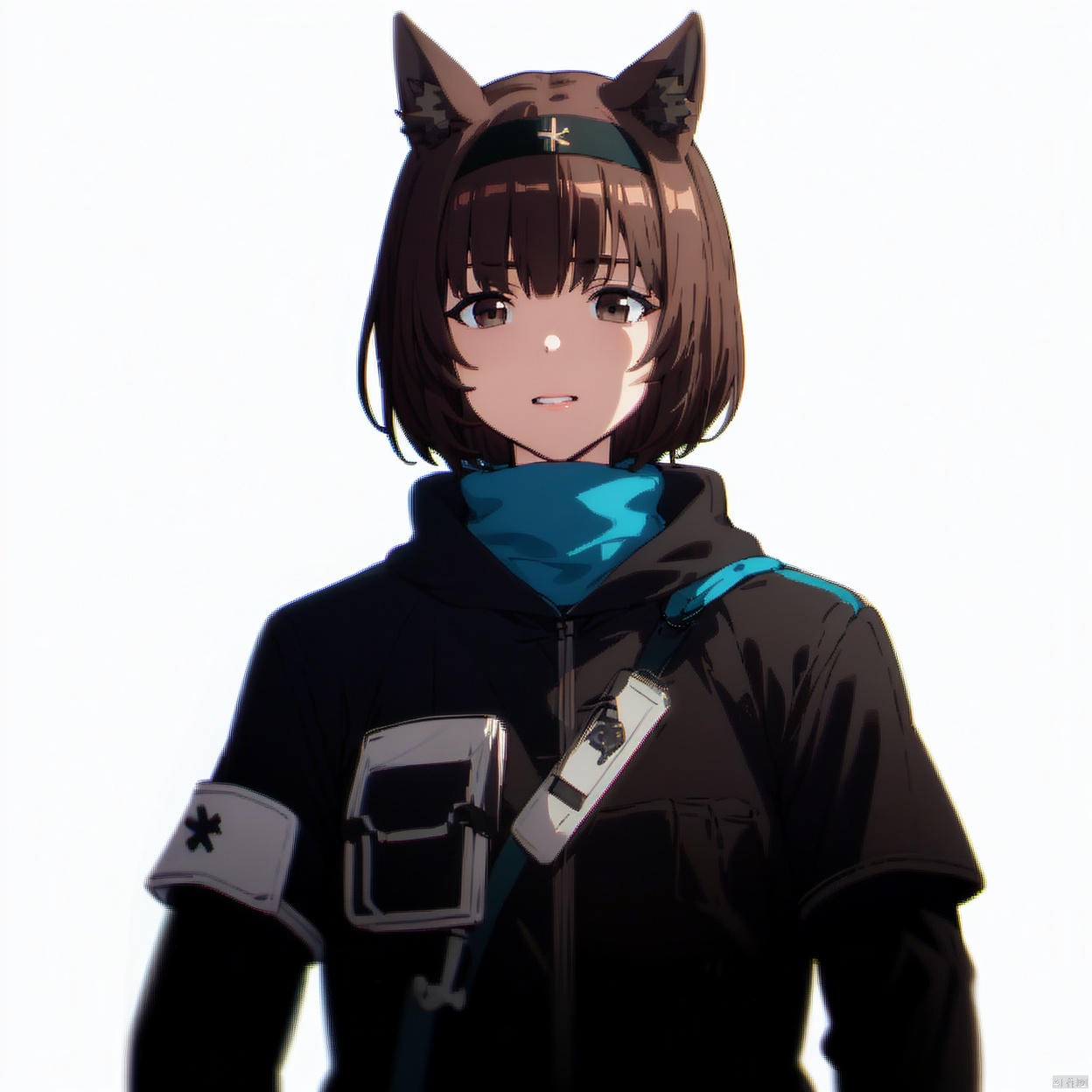 (white background:1.2),looking at viewer,(SOLO:1.4),outline,simple background,upper body, cowboy shot,looking at viewer,,outline,
(((arms at side))),
uniform, gloves, bare leg, logo, thigh, thighhighs, black headwear, tail, cellphone, miniskirt, neckerchief, black headband, clothes writing, armband, cat ears, thigh strap, thigh holster, shoes, short hair, pleated skirt, jacket, hairband, full body, brown hair, brown eyes, blue skirt, black footwear, bangs, animal ears