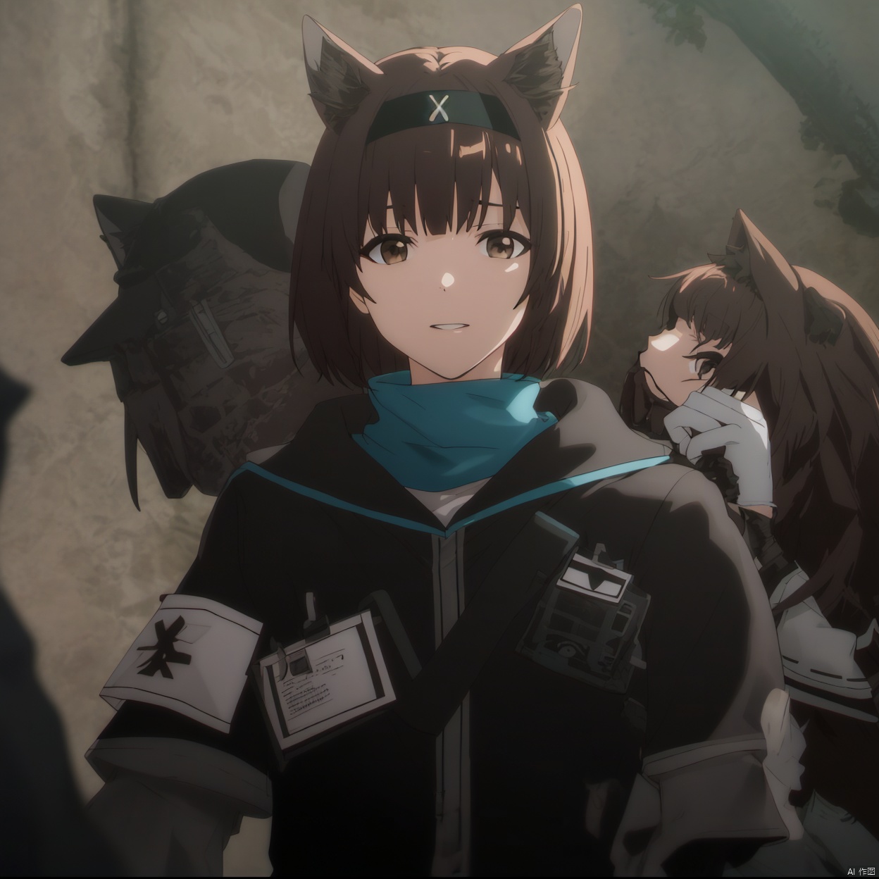 uniform, gloves, bare leg, logo, thigh, thighhighs, black headwear, tail, cellphone, miniskirt, neckerchief, black headband, clothes writing, armband, cat ears, thigh strap, thigh holster, shoes, short hair, pleated skirt, jacket, hairband, full body, brown hair, brown eyes, blue skirt, black footwear, bangs, animal ears