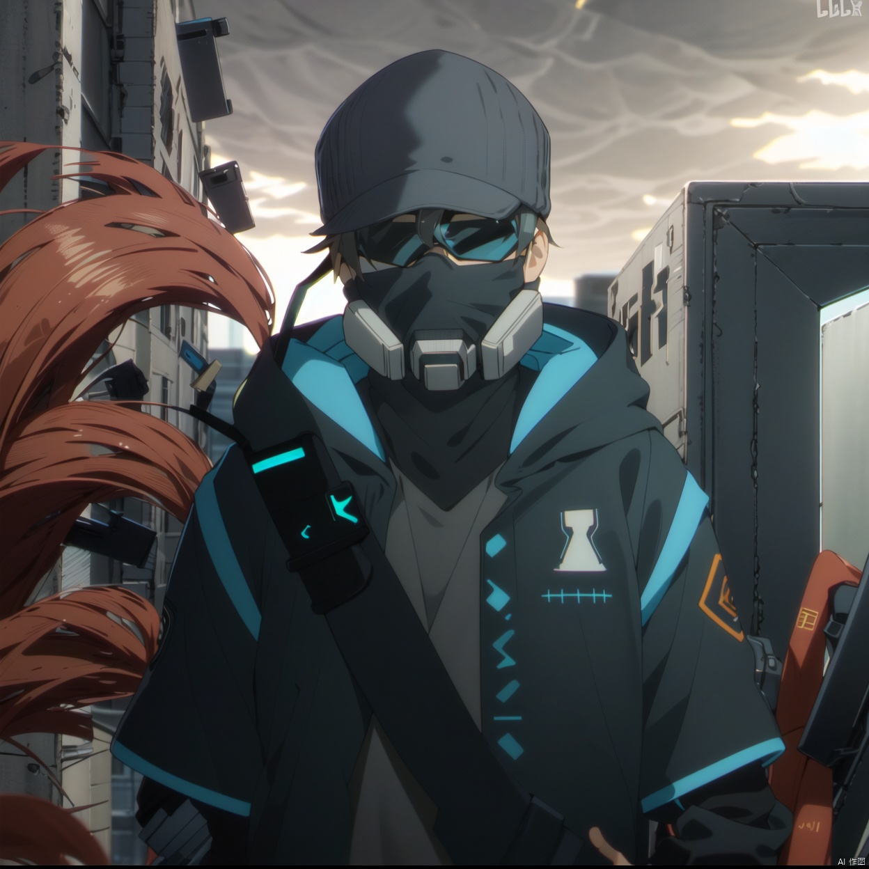 logo, military uniform, military, uniform, sneakers,arm wrap, long sleeves, backpack, police uniform, armor, official alternate costume, black pants, black jacket,black coat, pants, black gloves, arm wrap, gloves, fingerless gloves, jacket, hooded jacket,bandages, hat, bag