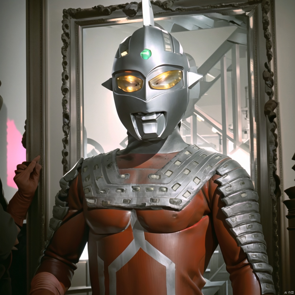 
breastplate, pauldrons, shoulder armor, armor,helmet,red footwear,red tight-fitting,silver pattern on body,bodysuit,gem,plugsuit,mask,cover,logo,boots,gloves,red legwear,red gloves,red bodysuit,leather suit,ultraman,latex