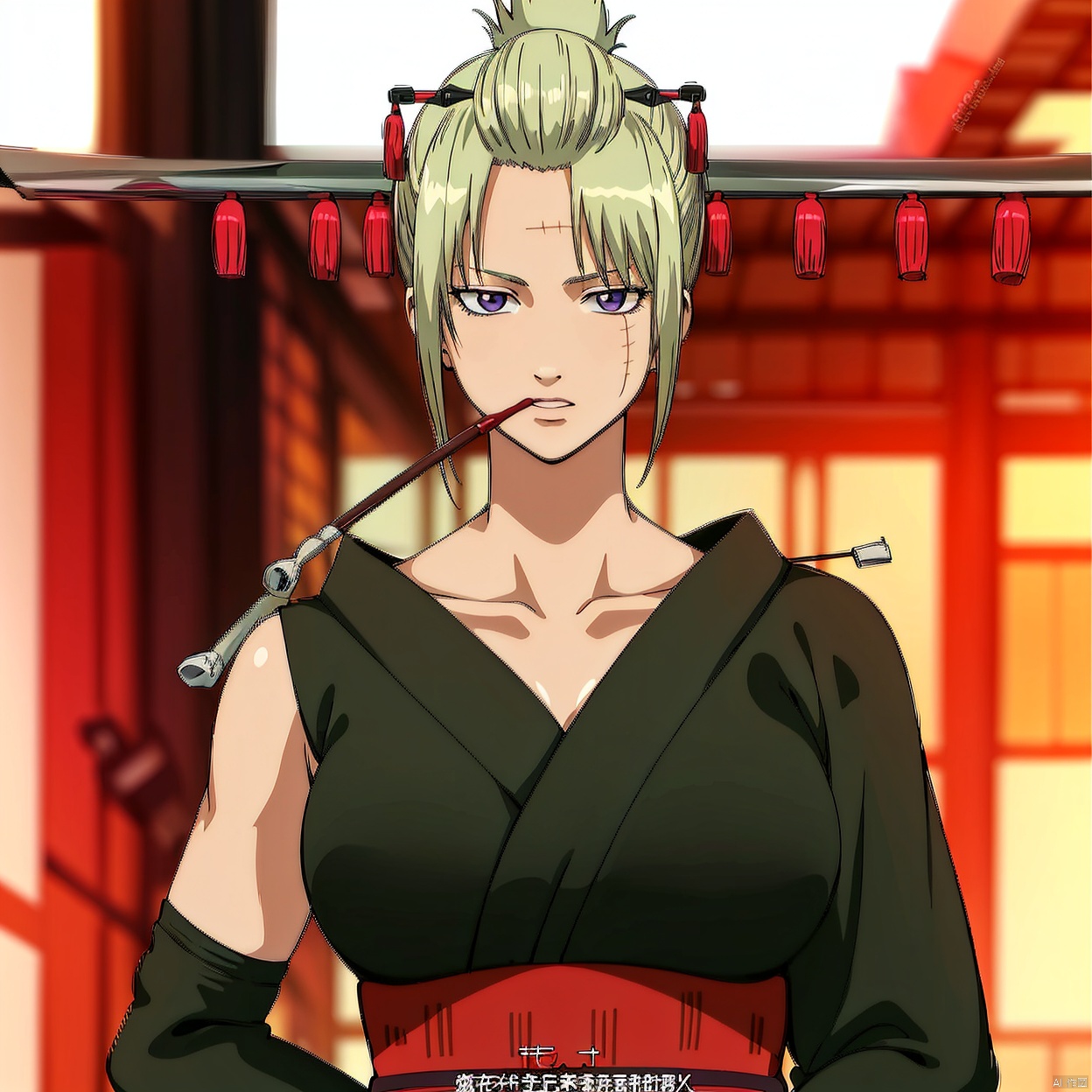 (white background:1.2),looking at viewer,(SOLO:1.4),outline,simple background,upper body, cowboy shot,looking at viewer,,outline,
(((arms at side))),
high heel boots,boots, print kimono, parted bangs, scar on forehead, wide sleeves, sleeveless kimono, scar on face, folded ponytail, kiseru, scar on cheek, red ribbon, hair ribbon, sleeveless, ponytail, detached sleeves, bare shoulders, thighhighs, fishnet legwear, sash, maple leaf, fishnets, long sleeves, purple eyes, jewelry, maple leaf pattern on kimono, hairclip, hair ornament, collarbone,scar,Tsukuyo,ninja,kunai,kimono,japanese_clothes,hair_stick,hair_ornament,arm_wrap,autumn_leaves,blonde_hair,black_kimono,1girl, blonde hair, japanese clothes, kimono, leaf, ninja, high heel boots