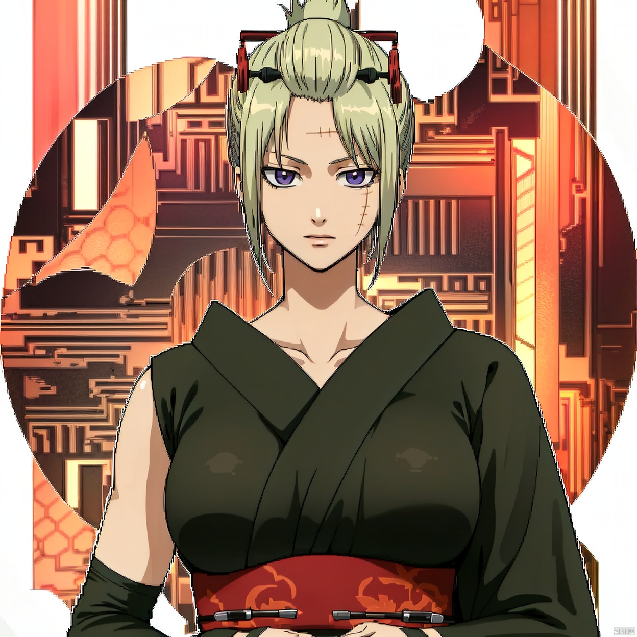 (white background:1.2),looking at viewer,(SOLO:1.4),outline,simple background,upper body, cowboy shot,looking at viewer,,outline,
(((arms at side))),
high heel boots,boots, print kimono, parted bangs, scar on forehead, wide sleeves, sleeveless kimono, scar on face, folded ponytail, kiseru, scar on cheek, red ribbon, hair ribbon, sleeveless, ponytail, detached sleeves, bare shoulders, thighhighs, fishnet legwear, sash, maple leaf, fishnets, long sleeves, purple eyes, jewelry, maple leaf pattern on kimono, hairclip, hair ornament, collarbone,scar,Tsukuyo,ninja,kunai,kimono,japanese_clothes,hair_stick,hair_ornament,arm_wrap,autumn_leaves,blonde_hair,black_kimono,1girl, blonde hair, japanese clothes, kimono, leaf, ninja, high heel boots