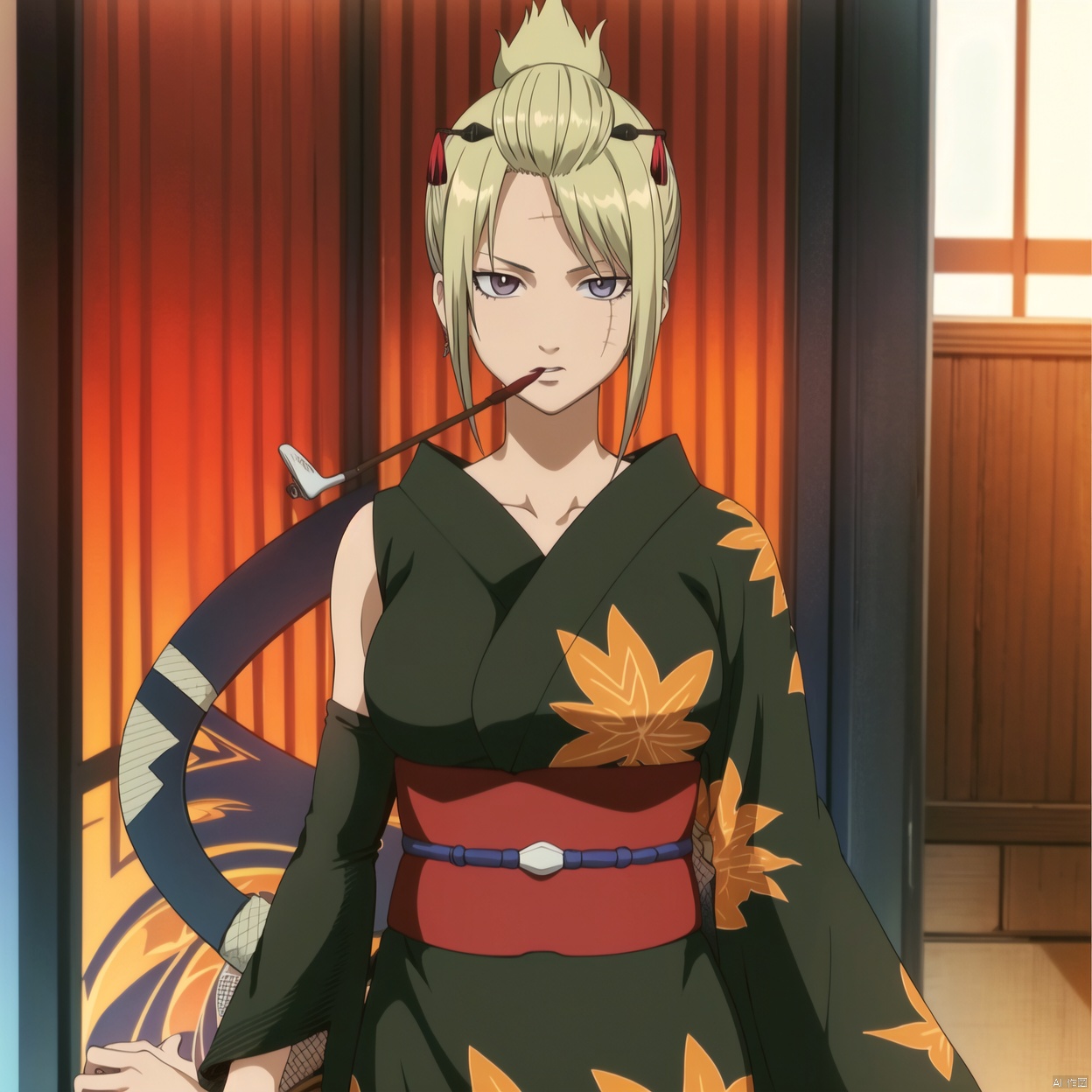 
high heel boots,boots, print kimono, parted bangs, scar on forehead, wide sleeves, sleeveless kimono, scar on face, folded ponytail, kiseru, scar on cheek, red ribbon, hair ribbon, sleeveless, ponytail, detached sleeves, bare shoulders, thighhighs, fishnet legwear, sash, maple leaf, fishnets, long sleeves, purple eyes, jewelry, maple leaf pattern on kimono, hairclip, hair ornament, collarbone,scar,Tsukuyo,ninja,kunai,kimono,japanese_clothes,hair_stick,hair_ornament,arm_wrap,autumn_leaves,blonde_hair,black_kimono,1girl, blonde hair, japanese clothes, kimono, leaf, ninja
