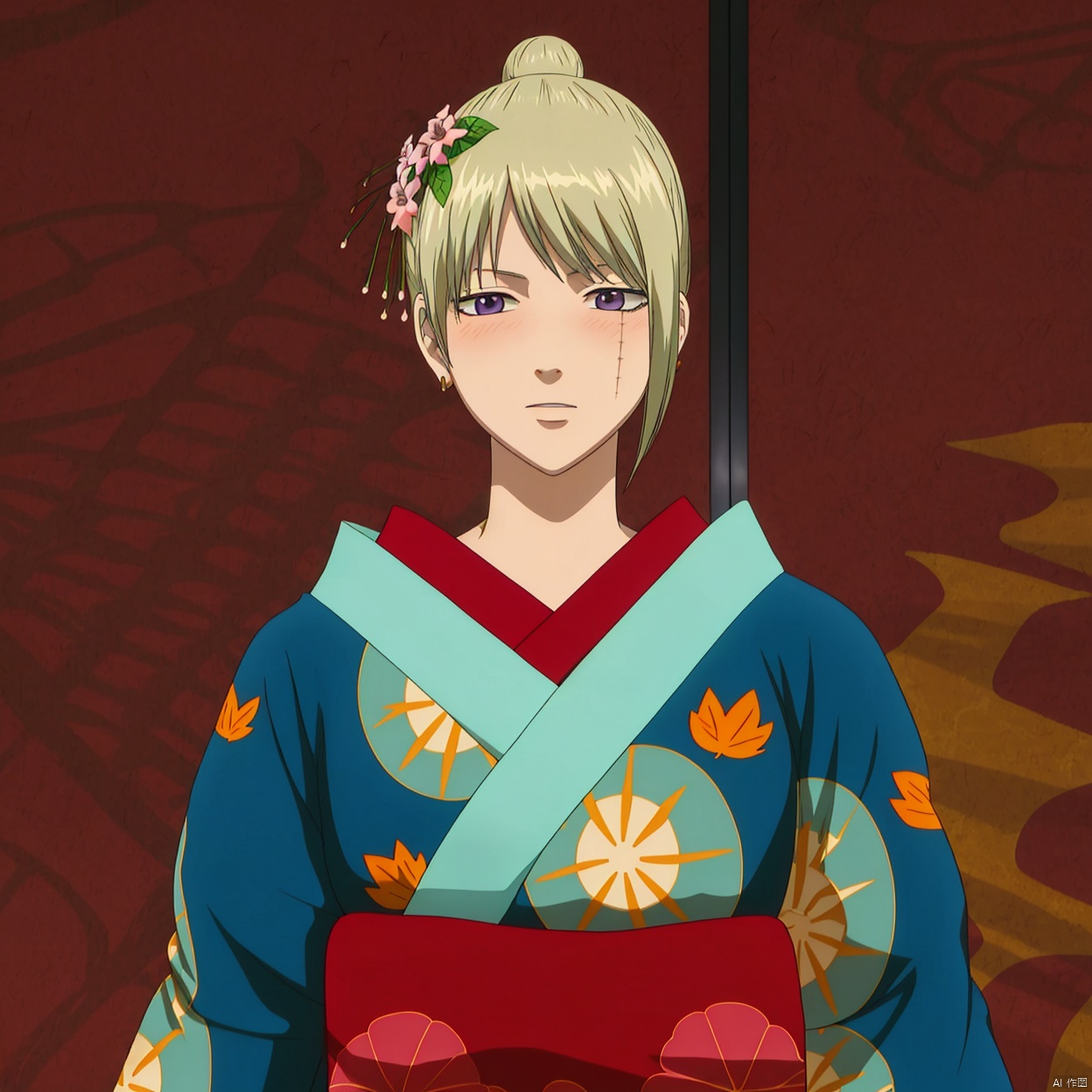 
scar on cheek,pattern on kimono,wide sleeves,scar on forehead, scar on face, hakama skirt, leaf print, print kimono, long sleeves, collarbone, hair bun, floral print, purple eyes, jewelry, hair flower, earrings, sash,scar,Tsukuyo,kimono,japanese clothes,hair stick,hair_ornament,blonde_hair,blue_kimono