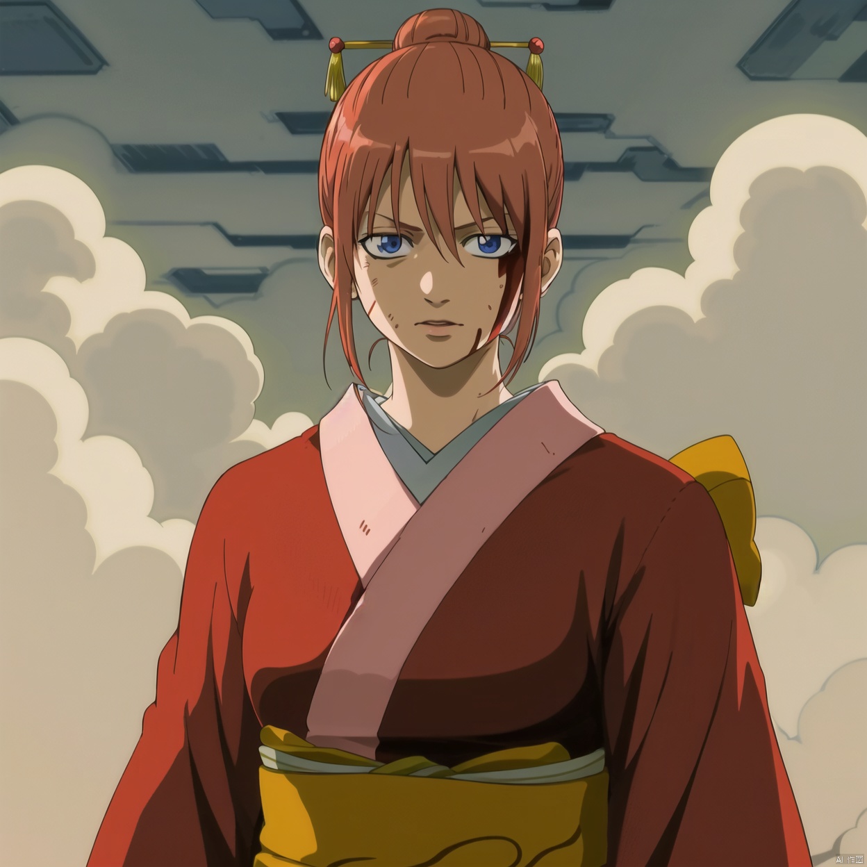 high heel boots, braid, hair ornament, wide sleeves, hair stick, red hair, long sleeves, kagura \(gintama\), collarbone, boots, hair between eyes, bangs, striped legwear, hair bun, blue eyes, striped, thighhighs, short kimono, sash, red kimono, kimono,kagula, japanese clothes