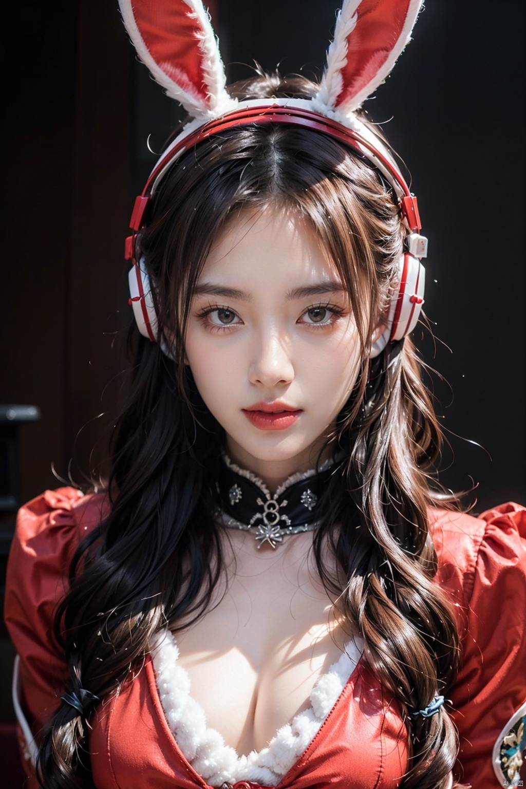  beautiful young woman, extreme detailed,
21yo girl wear Wange_Hu_Christmas_dress, gelcoat, gloves, belt, 
looking at viewer, face, portrait, close-up, red, slender, 
(combat ready stance), (tactical outfit), (solo character), (gaming theme:1.5), red, (black hair), (milittary gear), (gas mask:0.4), (poisonous red:1.2), (glowing effects),
(Wearing glowing rabbit headphones),