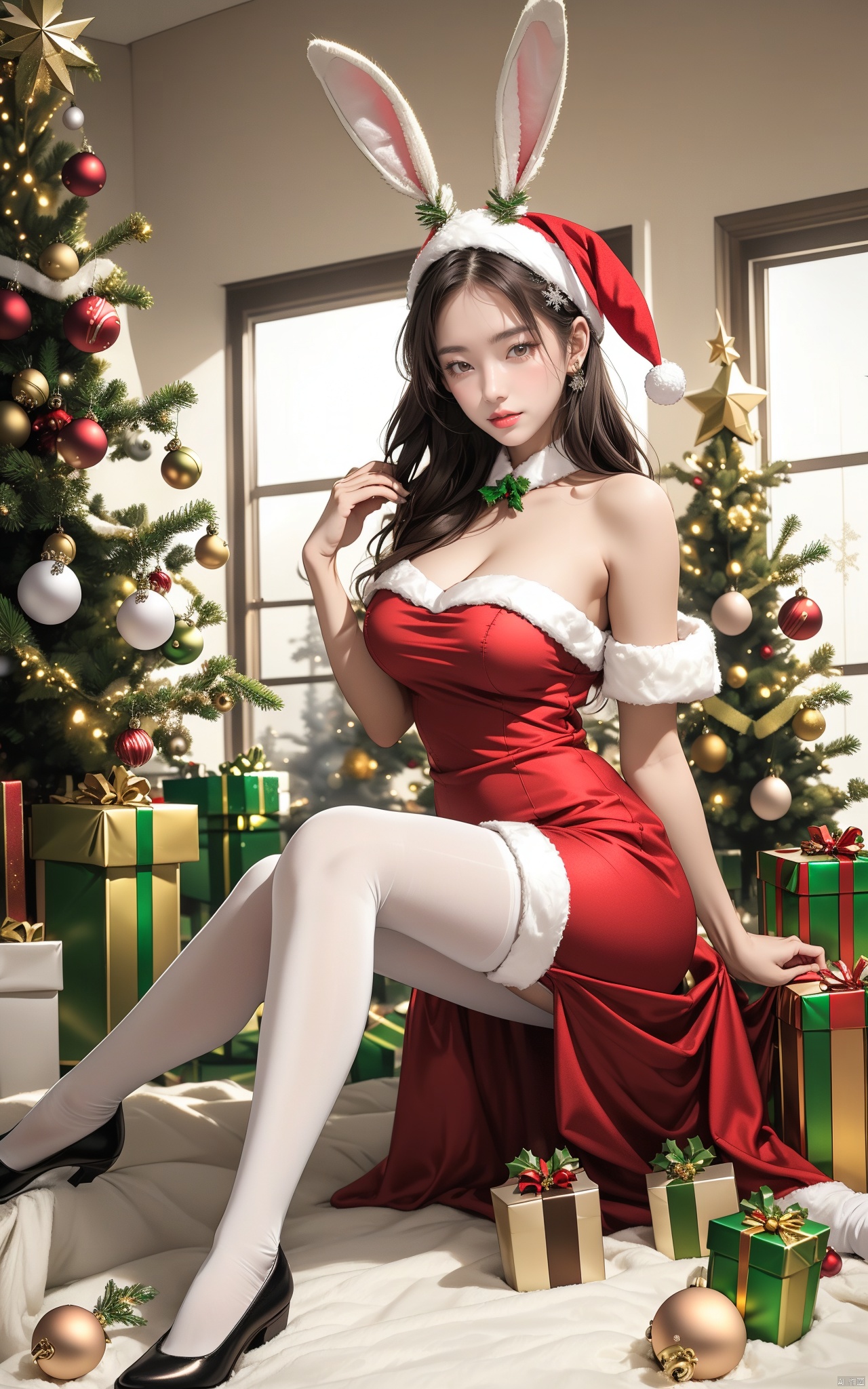 21yo girl, solo, looking at viewer, full body, Wange_Hu_Christmas_dress, Christmas_dress,fake rabbit ears, Christmas, Christmas tree, Christmas ornaments, Christmas shoes, pantyhose