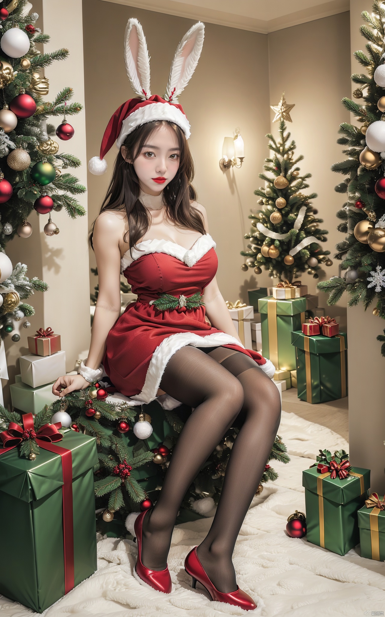  21yo girl, solo, looking at viewer, full body, Wange_Hu_Christmas_dress, Christmas_dress,fake rabbit ears, Christmas, Christmas tree, Christmas ornaments, Christmas shoes, pantyhose