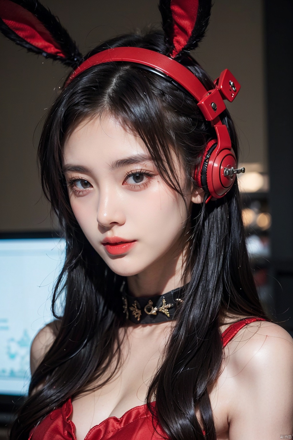  beautiful young woman, extreme detailed,
21yo girl wear Wange_Hu_Christmas_dress, gelcoat, gloves, belt, 
looking at viewer, face, portrait, close-up, red, slender, 
(combat ready stance), (tactical outfit), (solo character), (gaming theme:1.5), red, (black hair), (milittary gear), (gas mask:0.4), (poisonous red:1.2), (glowing effects),
(Wearing glowing rabbit headphones),