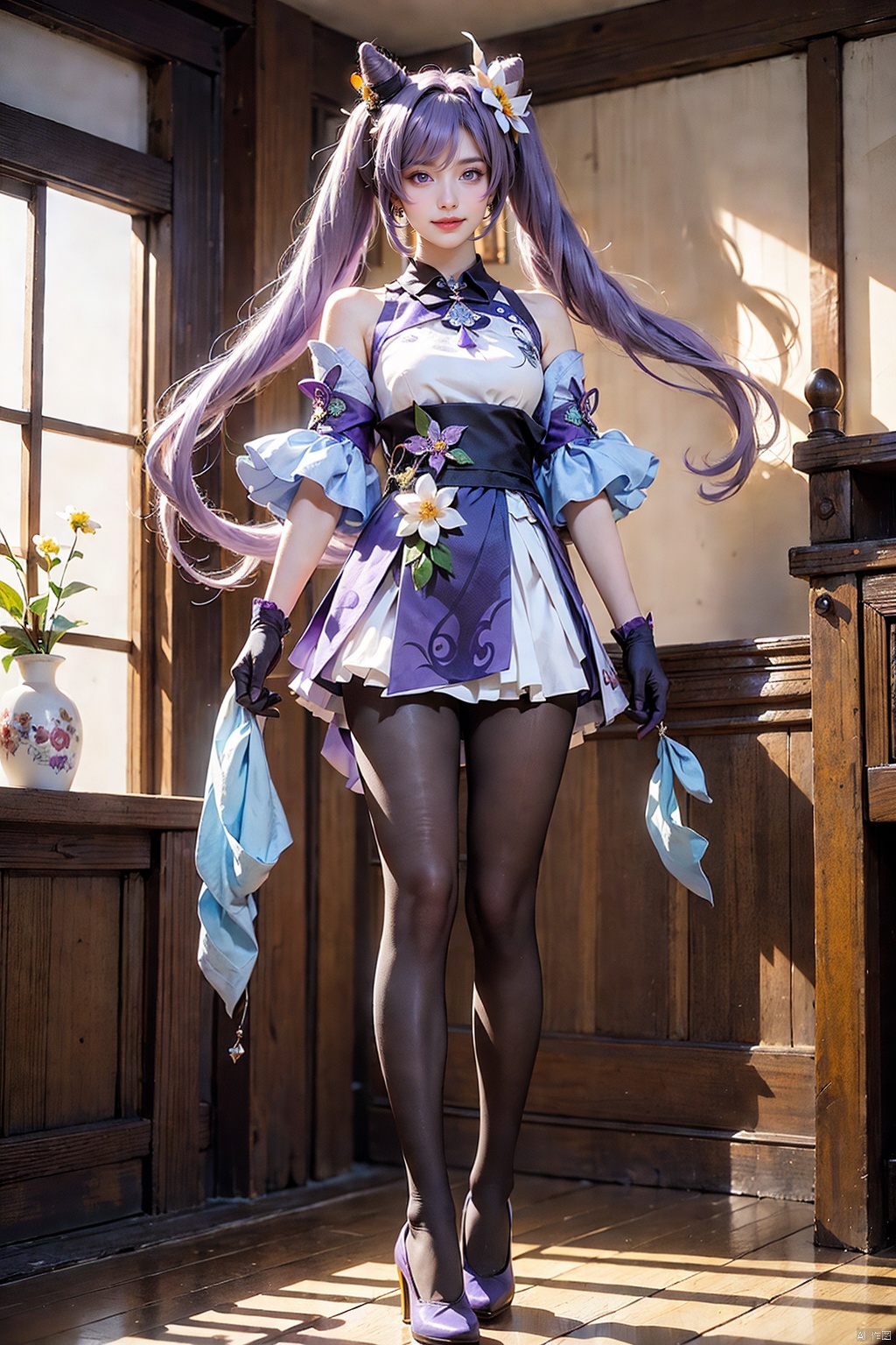  keqing \(genshin impact\), keqing \(genshin impact\) \(cosplay\),
21yo girl, solo, looking at viewer, indoors,
(full body, very long legs, narrow waist, grin:1.25), (wide shot, wide angle, from below, full body shot),

(purple hair, bangs, cone hair bun, double bun, hair flower, hair ornament, twintails, purple_eyes:1.25),
bare shoulders, large breasts, purple dress, detached_sleeves, purple gloves, short sleeves,
(black pantyhose, purple high_heels),
jewelry, earrings,

HDR, Vibrant colors, surreal photography, highly detailed, masterpiece, ultra high res,
high contrast, mysterious, cinematic, fantasy, bright natural light,
