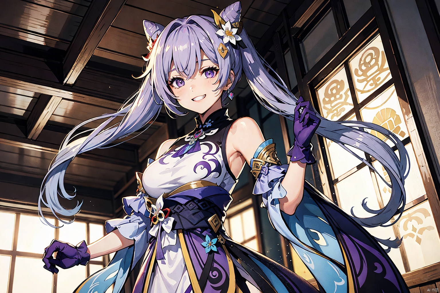 illustration, masterpiece, best quality, extremely detailed, wallpaper,
8k, mysterious, vivid color, shiny, best quality, intricate, good anatomy, beautiful lighting,

keqing \(genshin impact\), keqing \(genshin impact\) \(cosplay\),
21yo girl, solo, looking at viewer, indoors,
(upper body, very long legs, narrow waist, grin:1.25), (wide shot, wide angle, from below, cow shot),

(purple hair, bangs, cone hair bun, double bun, hair flower, hair ornament, twintails, purple_eyes:1.25),
bare shoulders, large breasts, purple dress, detached_sleeves, purple gloves, short sleeves,
(black pantyhose, purple high_heels),
jewelry, earrings,

cowboy shot, wide shot, volumetric lighting, detailed eyes