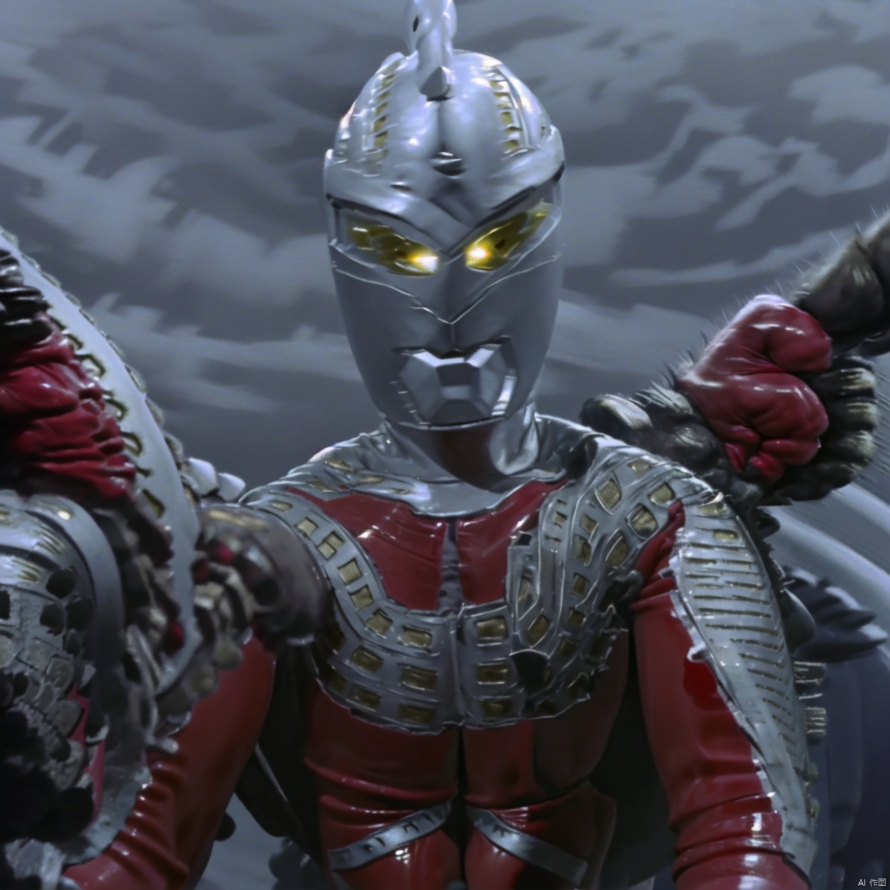  breastplate, pauldrons, shoulder armor, armor,helmet,red footwear,red tight,fitting,silver pattern on body,bodysuit,gem,plugsuit,mask,cover,logo,boots,gloves,red legwear,red gloves,red bodysuit,leather suit,ultraman,latex,silver pattern on leg,
