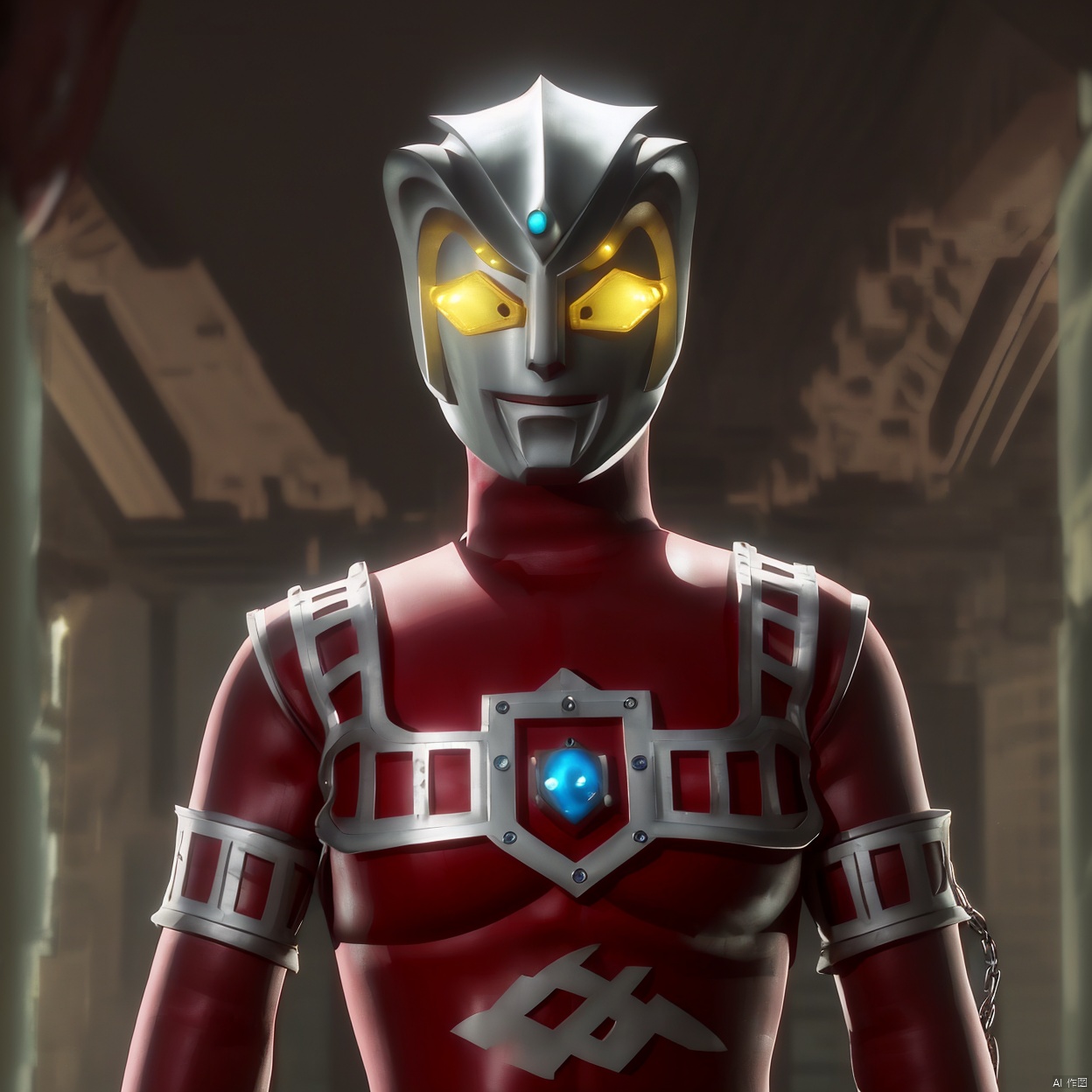  armband, chain,breastplate, pauldrons, shoulder armor, armor,helmet,red footwear,red tight,fitting,silver pattern on body,bodysuit,gem,plugsuit,mask,cover,logo,boots,gloves,red legwear,red gloves,red bodysuit,leather suit,ultraman,latex