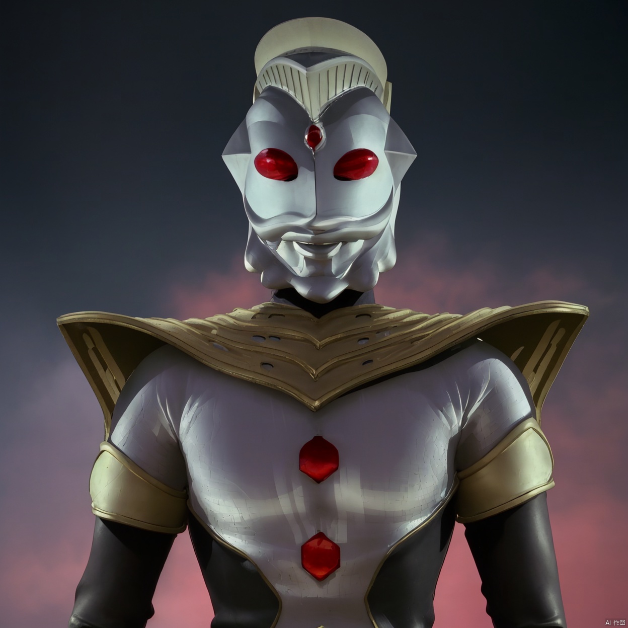 
white bodysuit,white gloves,legwear,gloves,boots,logo,cover,mask,plugsuit,gem,bodysuit,red pattern on body,white tight-fitting,white footwear,helmet,leather suit,ultraman,latex, shoulder armor, cape,purple pattern on body