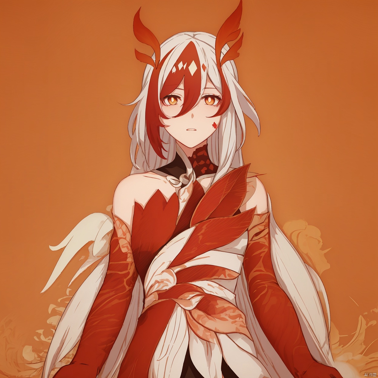 (masterpiece:1.3), (the best quality:1.2), (super fine illustrations:1.2), (Masterpiece), high quality, high detail,(white background:1.2), looking at viewer, (SOLO:1.4),outline,,simple background, messy hair, bare shoulders,gauntlets, mechanical parts, white skin, phoenix, shorts, collarbone, jewelry, twintails, eyelashes, elbow gloves,armor,red legwear,thighhighs,boots,facial mark,head wings,red gloves,two,tone hair,earrings,gloves,tassel,leotard,skirt,dress,elbow gloves,twintails,bare shoulders,tattoo,phoenix,ribbon,red ribbon,bangs,white hair,orange eyes,streaked hair,fu hua,orange hair,fiery hair,hair between eyes,multicolored hair,fiery wings,jewelry,hair ornament,gloves,hair ribbon,pattern on hair,logo,yellow pupils,diamond shaped pupils, gauntlets