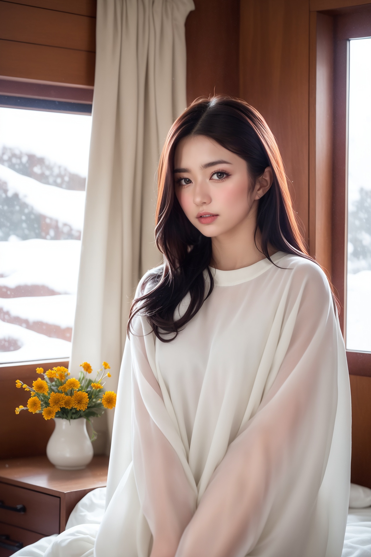 (masterpiece,  best quality),  Snow falls outside the window of a girls room. BREAK A girl with a sad expression sits on t...
