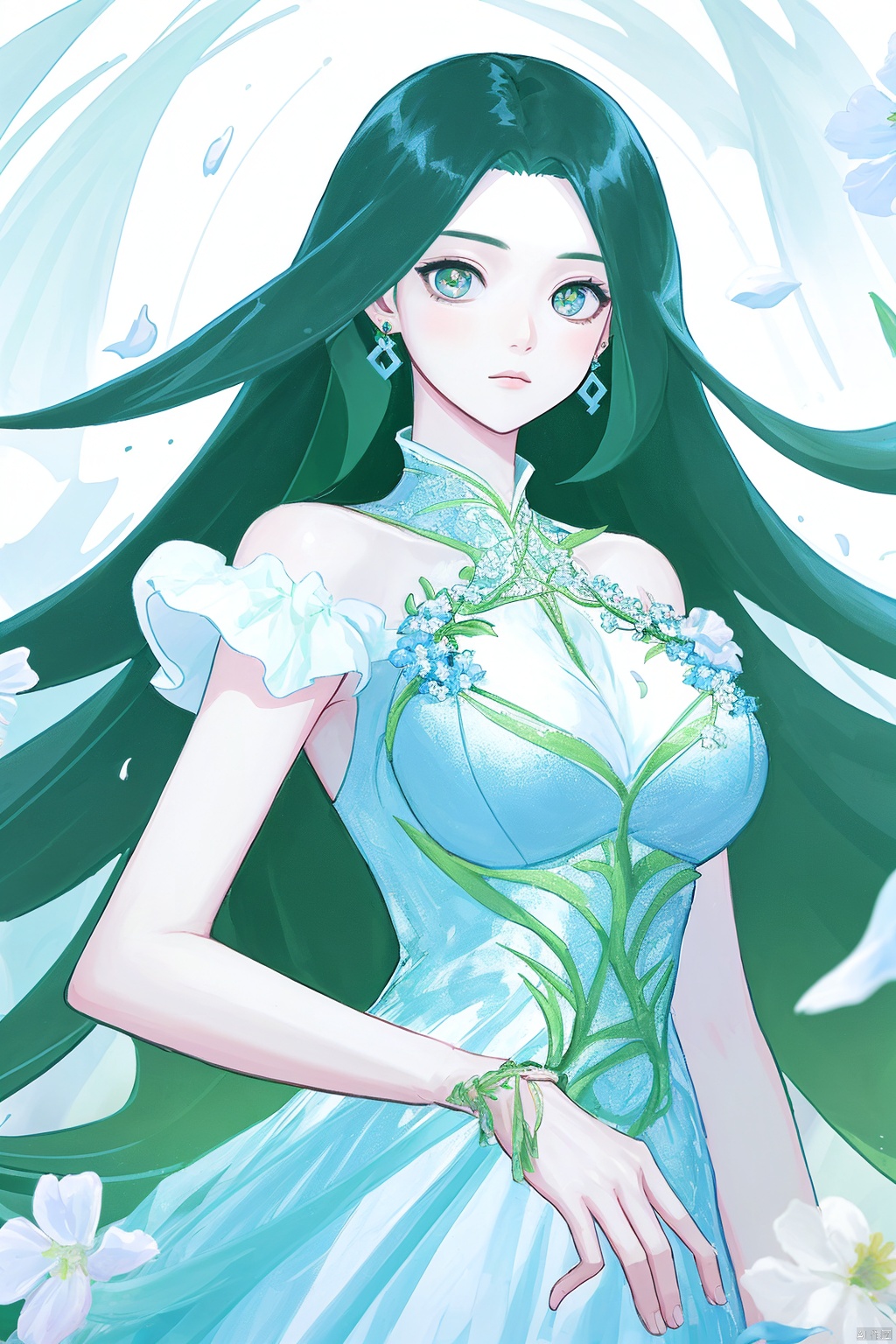  yinyou, yinyou color,  1girl,very long hair,long dress,smooth skin,earrings,flowers theme,cowboy shot,upper body