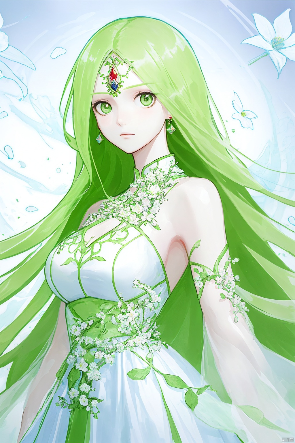  yinyou, yinyou color,  1girl,very long hair,long dress,smooth skin,earrings,flowers theme,cowboy shot,upper body