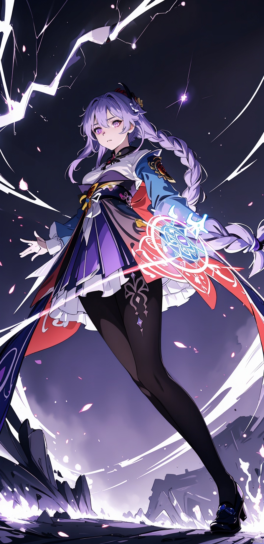  21yo girl, 
purple hair, purple eyes, glowing eyes, electricity,Silk stockings, jackets, lightning, Short skirt,Artifacts,purple magic, aura, full body,magic circle, braids,very long hair,hair flowe,tarry sky,
(glass:1.1),(false:1.15),(void:1.25),(magic:1.25),

(wide shot, wide angle, from below, full body shot),

HDR, Vibrant colors, surreal photography, highly detailed, masterpiece, ultra high res,
high contrast, mysterious, cinematic, fantasy, bright natural light, pantyhose, keqing \(genshin impact\)
