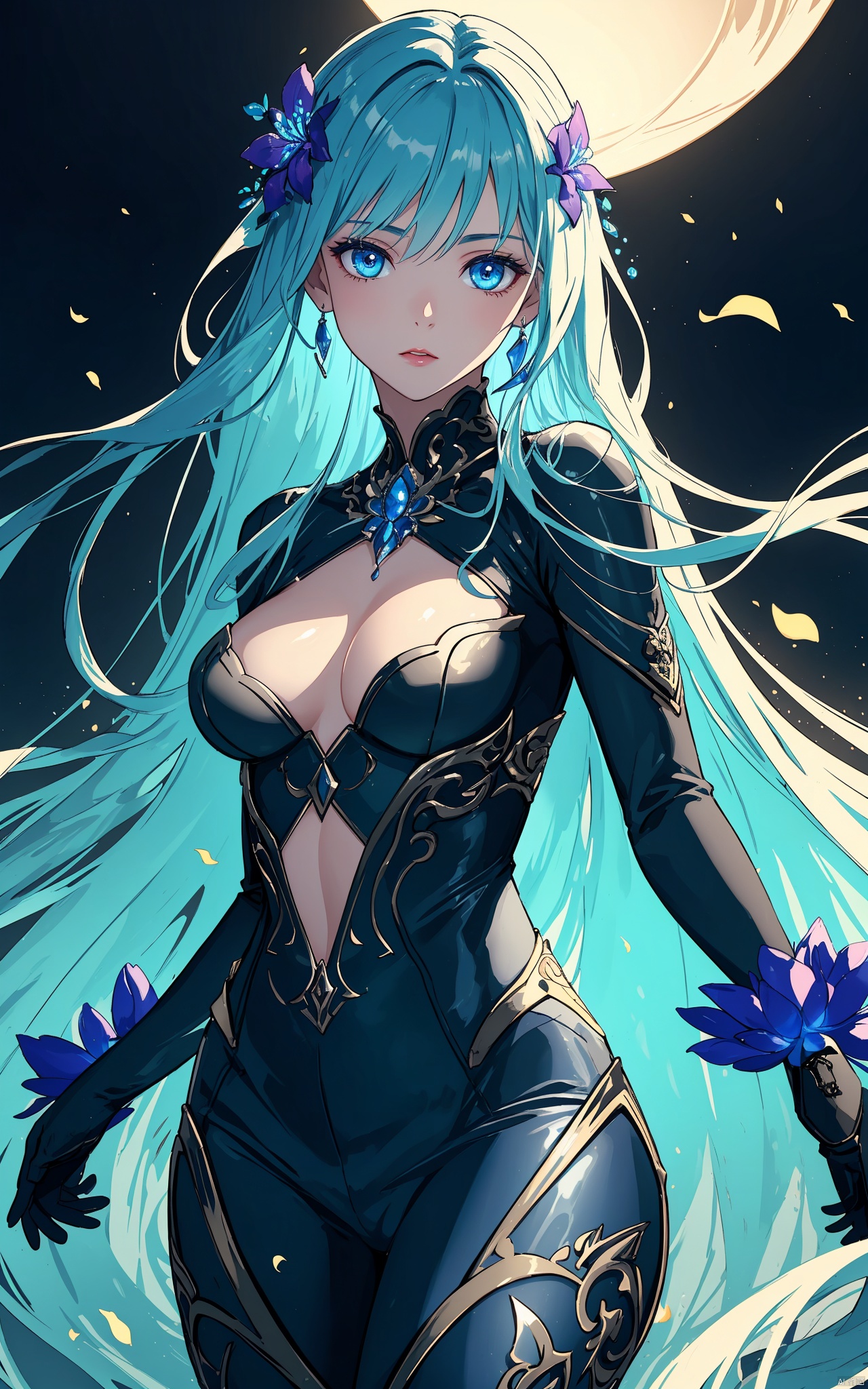  illustration, masterpiece, best quality, extremely detailed, wallpaper,
8k, mysterious, vivid color, shiny, best quality, intricate, good anatomy, beautiful lighting,

A beautifully captivating, bioluminescent woman with a graceful, slim figure. Her medium teardrop-shaped breasts add natural curvature to her ethereal form. She appears as if she is part of a radiant garden, with bioluminescent flowers forming across her flowing body, each petal glowing in soft, dreamlike hues of blue, violet, and green. Realistic textures and lighting bring depth to her translucent, glowing skin, making her appear both delicate and otherworldly. Her form is rendered with full depth of field, showcasing incredible detail in each petal and subtle skin texture.

cowboy shot, wide shot, volumetric lighting, detailed eyes,