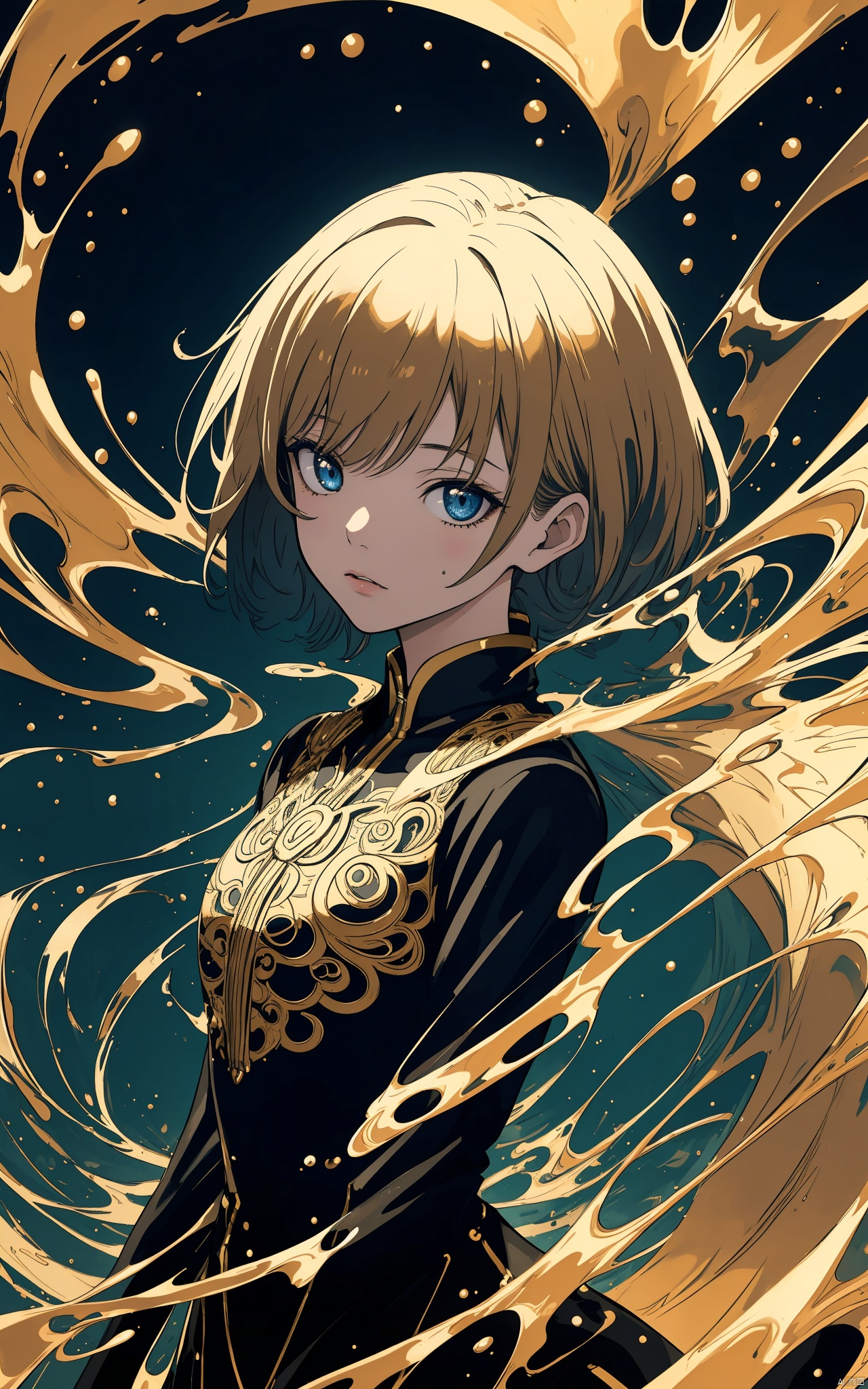  illustration, masterpiece, best quality, extremely detailed, wallpaper,
8k, mysterious, vivid color, shiny, best quality, intricate, good anatomy, beautiful lighting,

(in Otomo Katsuhiro style:1.2), high-quality, masterpiece, a womanâs face reflected in a pool of black ink, the ink swirling and distorting her features as it moves, delicate lines of gold ink tracing abstract patterns on the surface, Style is Minimalistic with surreal elements, Micro-detail ink textures, flowing liquid motion, soft reflection blur, dark ambient mood, (elaborately detailed attire with extraordinary elements:1.1), (hyperdetailed:1.1), (intricate details:1.0), (Refined details:1.1), (best quality:1.1), (high resolution:1.2)

cowboy shot, wide shot, volumetric lighting, detailed eyes,