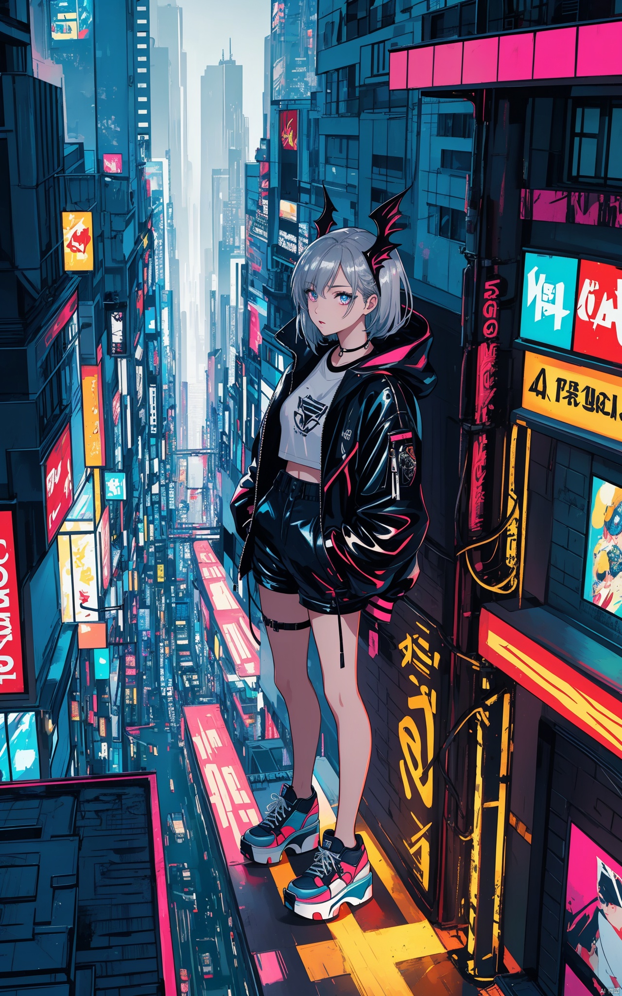  illustration, masterpiece, best quality, extremely detailed, wallpaper,
8k, mysterious, vivid color, shiny, best quality, intricate, good anatomy, beautiful lighting,

In anime, cyberpunk, ne0nfant4sy style, a hyper-detailed digital illustration features a woman exuding a futuristic edge, clad in urban clothing designed by Hedi Slimane. She wears high-waisted, loose-fitting cargo pants with glossy chrome components that shimmer in silver platinum, reflecting vibrant city lights. Her chunky platform sneakers echo this chrome aesthetic, merging functionality with style. Styled by Giorgio Armani, her look blends street fashion with high-end design. Bold graphic eyeliner and shimmering silver highlights, done by Charlotte Tilbury, enhance her striking features. With elongated black wings, she poses confidently atop a glowing neon-lit rooftop overlooking a sprawling metropolis. Captured by renowned photographer David LaChapelle, the scene encapsulates modern urban life infused with fantasy. The vibrant city skyline is illuminated by colorful digital billboards and flying vehicles. Shot with a Nikon Z9 from an elevated angle, it provides a panoramic view of the city while focusing on the model's powerful stance. Editing enhances the artwork, adjusting brightness for an ethereal glow, increasing contrast for light and shadow, and boosting saturation for vibrant neon colors. Highlights reflect off her chrome clothing and wings, creating a captivating illustration that embodies the cyberpunk aesthetic.

cowboy shot, wide shot, volumetric lighting, detailed eyes,