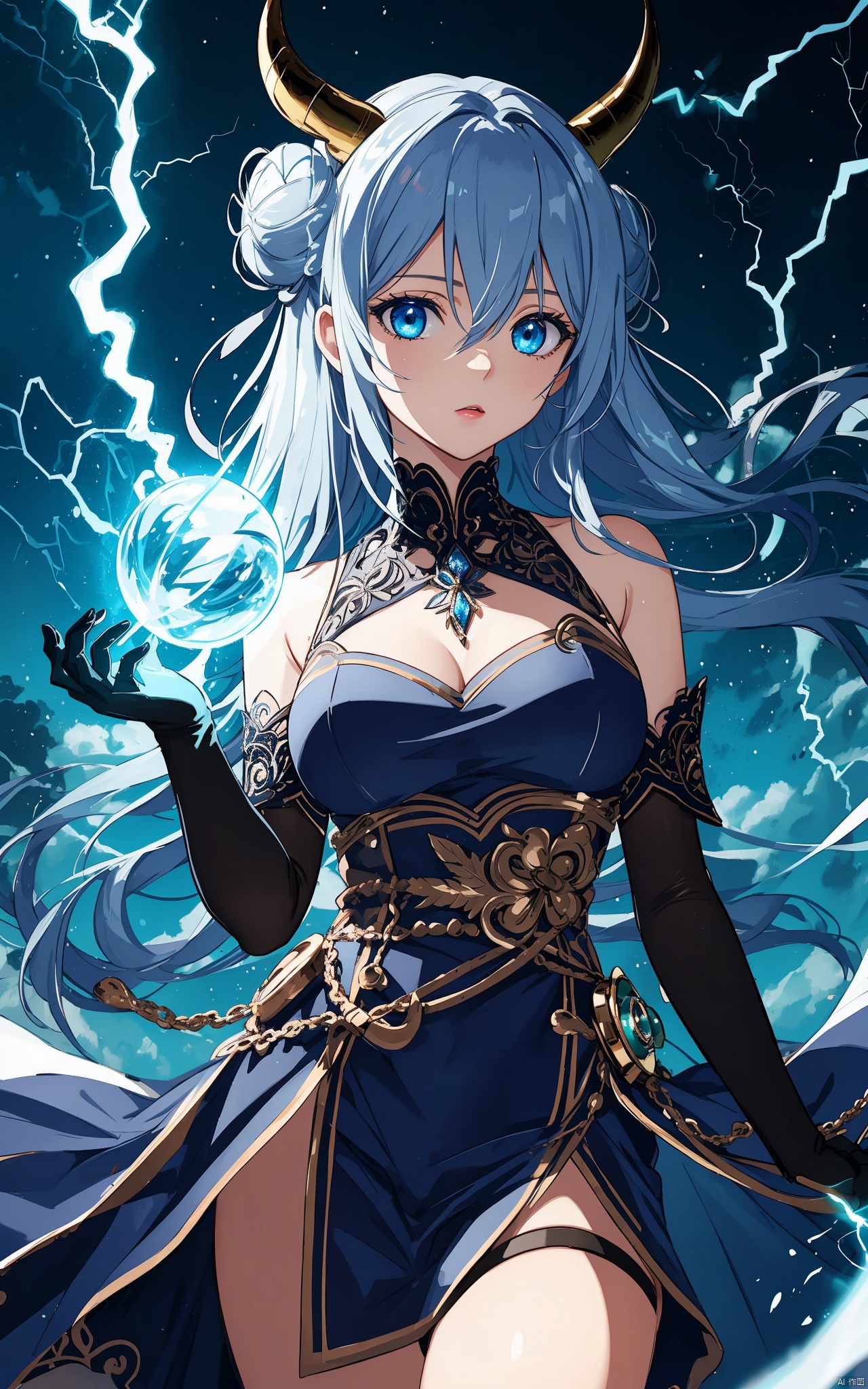 illustration, masterpiece, best quality, extremely detailed, wallpaper,
8k, mysterious, vivid color, shiny, best quality, intricate, good anatomy, beautiful lighting,

1girl, blue_eyes, double_bun, dress, elbow_gloves, electricity, gloves, hair_between_eyes, horns, lightning, long_hair, nail_polish, solo,

cowboy shot, wide shot, volumetric lighting, detailed eyes,