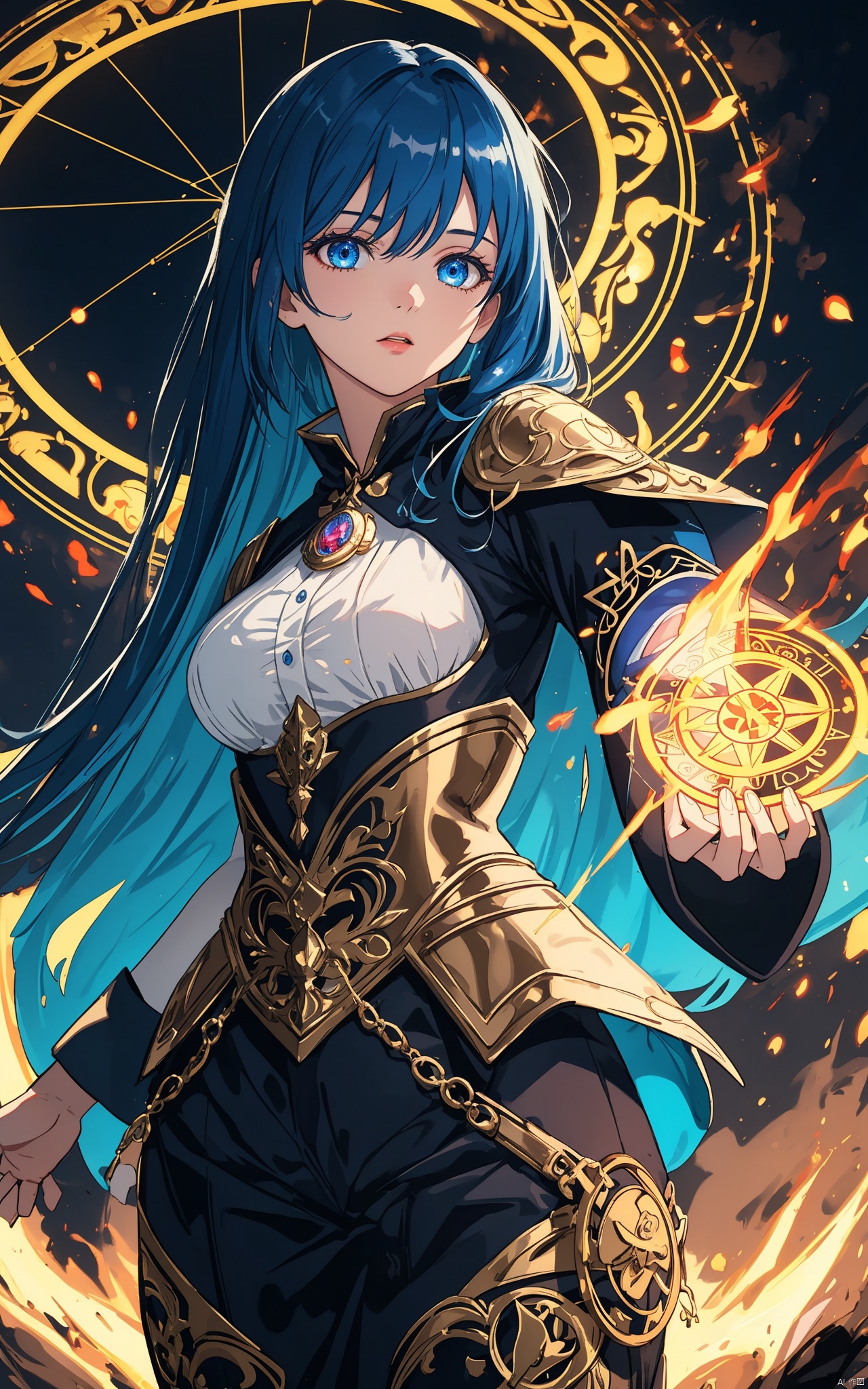  illustration, masterpiece, best quality, extremely detailed, wallpaper,
8k, mysterious, vivid color, shiny, best quality, intricate, good anatomy, beautiful lighting,

1girl, open hand, blue hair, fire,

magic circle, light particles, light rays, Magic Circle,

cowboy shot, wide shot, volumetric lighting, detailed eyes,