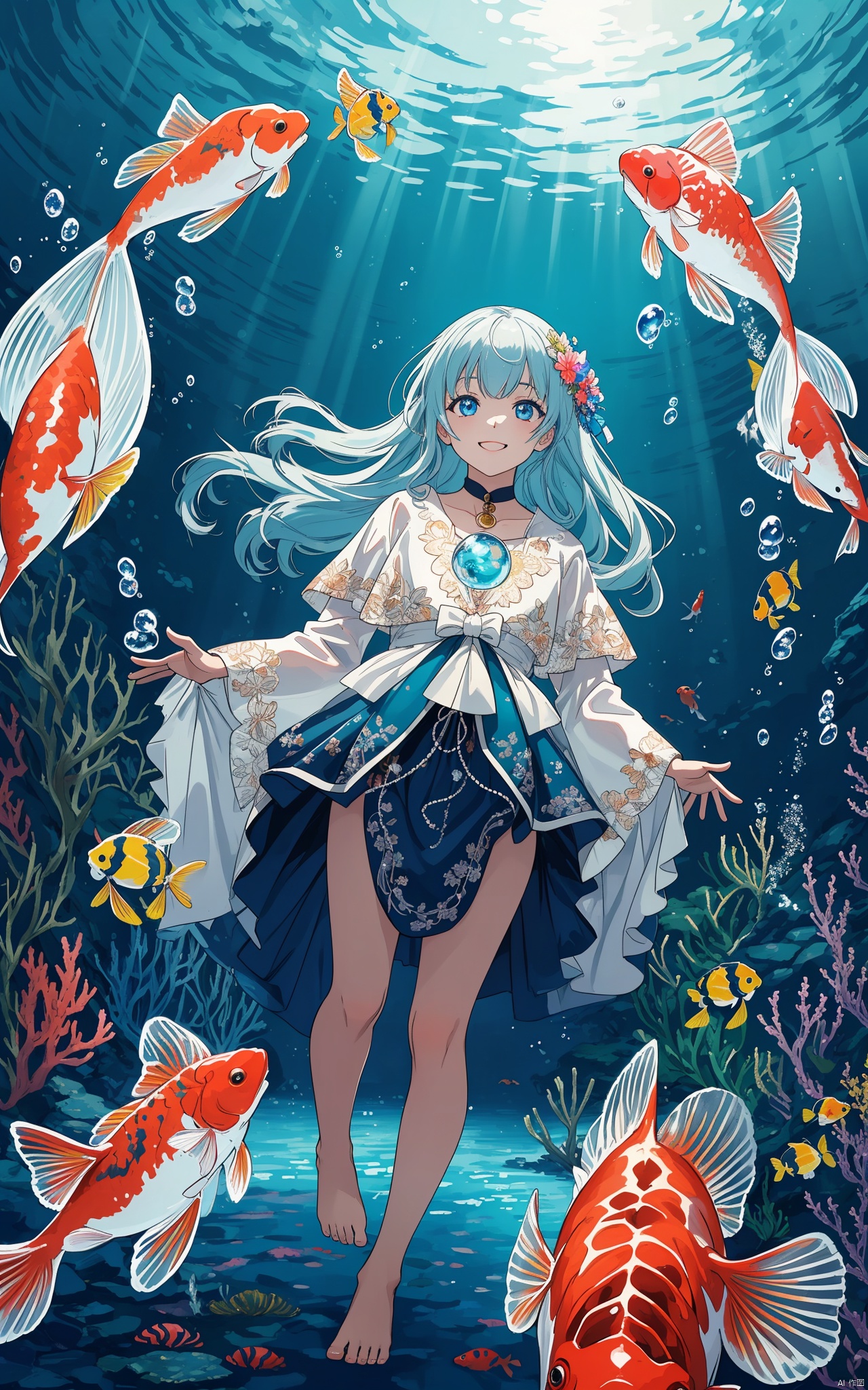  illustration, masterpiece, best quality, extremely detailed, wallpaper,
8k, mysterious, vivid color, shiny, best quality, intricate, good anatomy, beautiful lighting,

1girl, solo, full body, barefoot, light smile, underwater transparent sealed hemispherical glass dome, koi, Underwater, Dome,

cowboy shot, wide shot, volumetric lighting, detailed eyes,