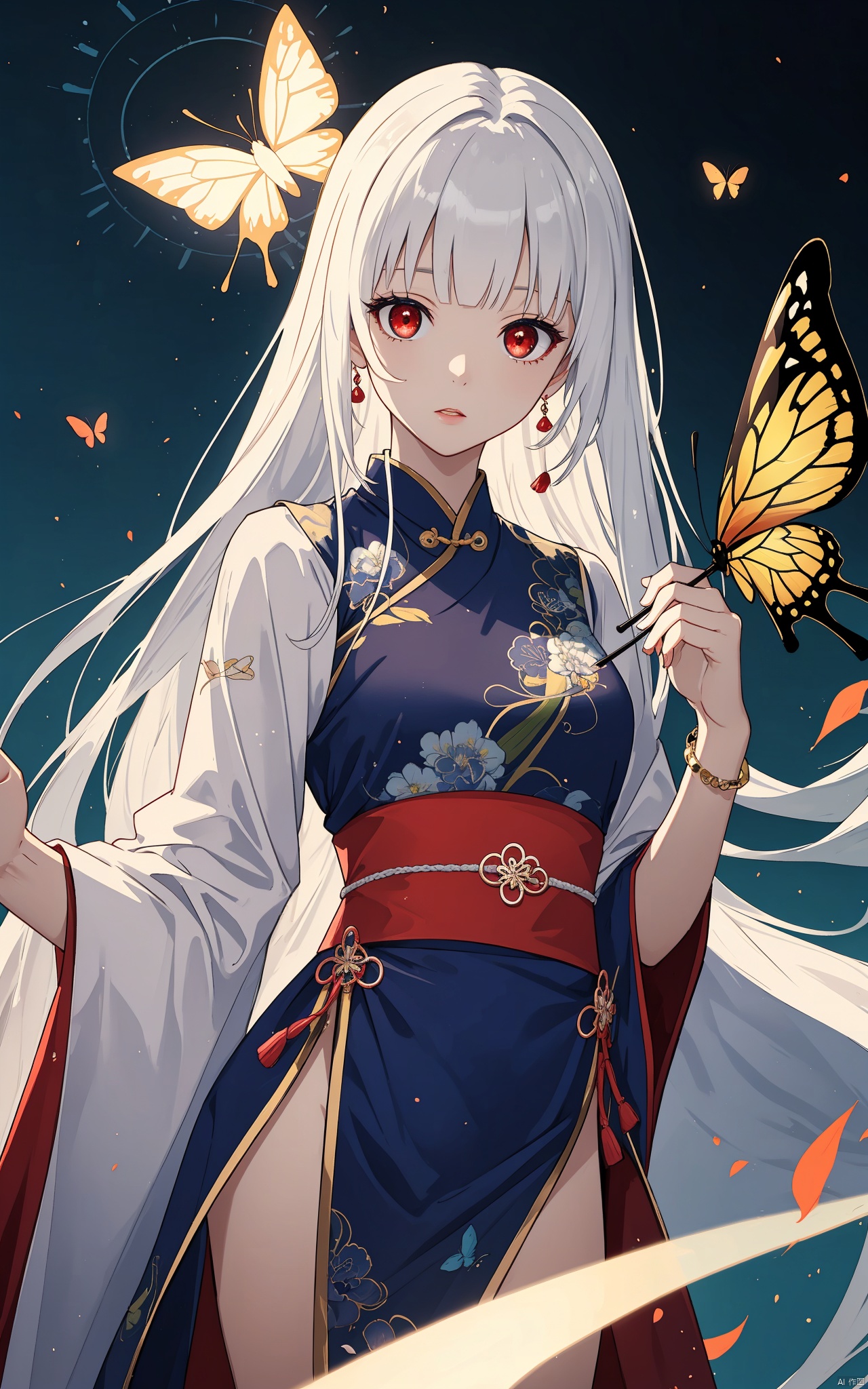  illustration, masterpiece, best quality, extremely detailed, wallpaper,
8k, mysterious, vivid color, shiny, best quality, intricate, good anatomy, beautiful lighting,

1girl, solo, Chinese clothes, long hair, butterfly, pale skin, white hair, Hanfu, hime cut, bangs, bracelet, blunt bangs, jewelry, red eyes, 

ight particles, light rays, Magic Circle, 

cowboy shot, wide shot, volumetric lighting, detailed eyes,
