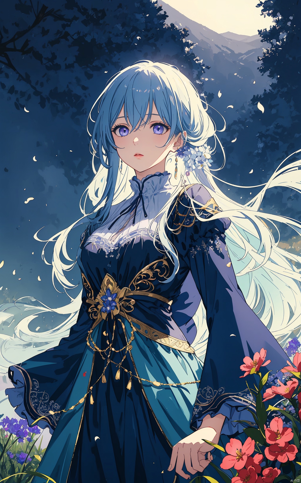  illustration, masterpiece, best quality, extremely detailed, wallpaper,
8k, mysterious, vivid color, shiny, best quality, intricate, good anatomy, beautiful lighting,

A young woman lies in a field of wildflowers, creating a dreamy, surreal atmosphere. The overall color is a mixture of soft light blue and purple, creating a tranquil, ethereal atmosphere. The illustration style

cowboy shot, wide shot, volumetric lighting, detailed eyes,